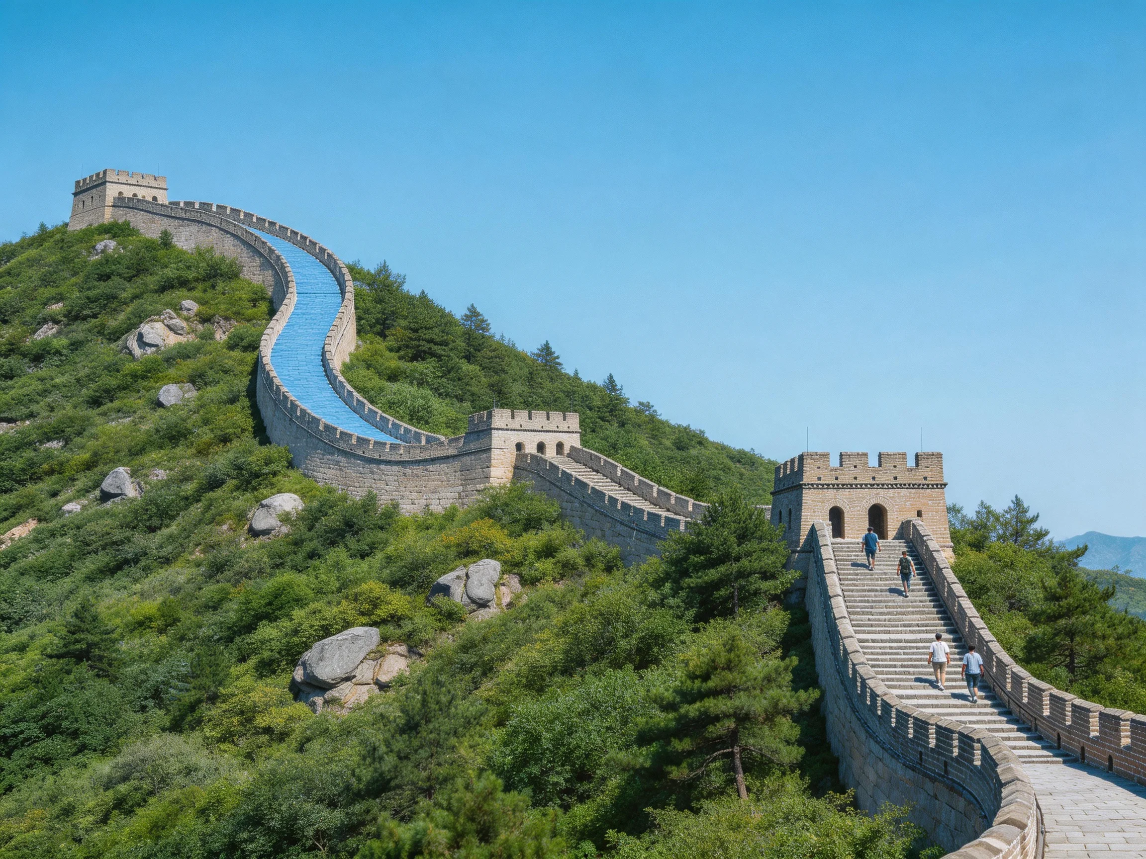 A Great Wall with a blue water slide winding through green hills