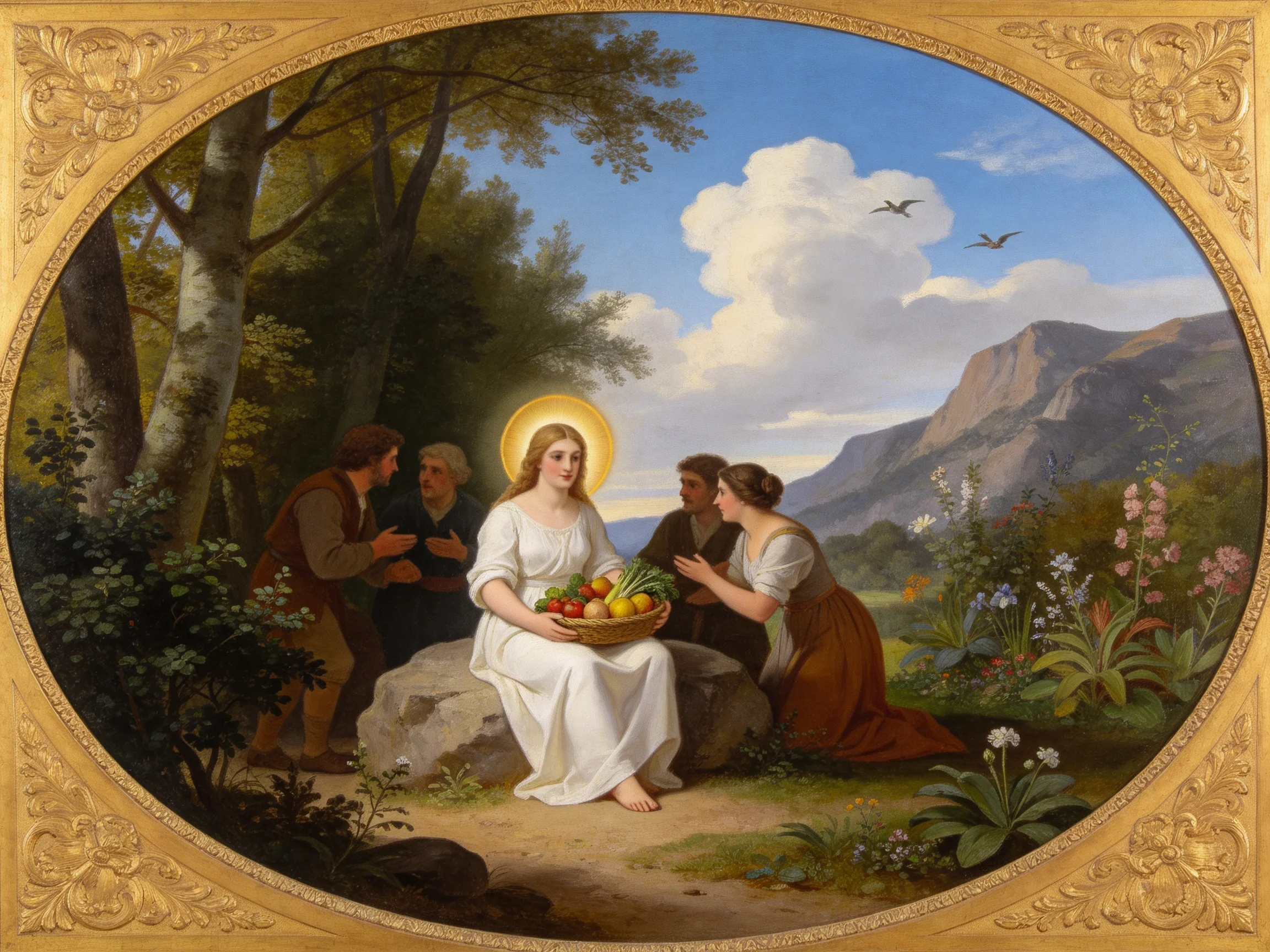 A Haloed Woman with Fruit Among Peasant Figures in a Lush Landscape