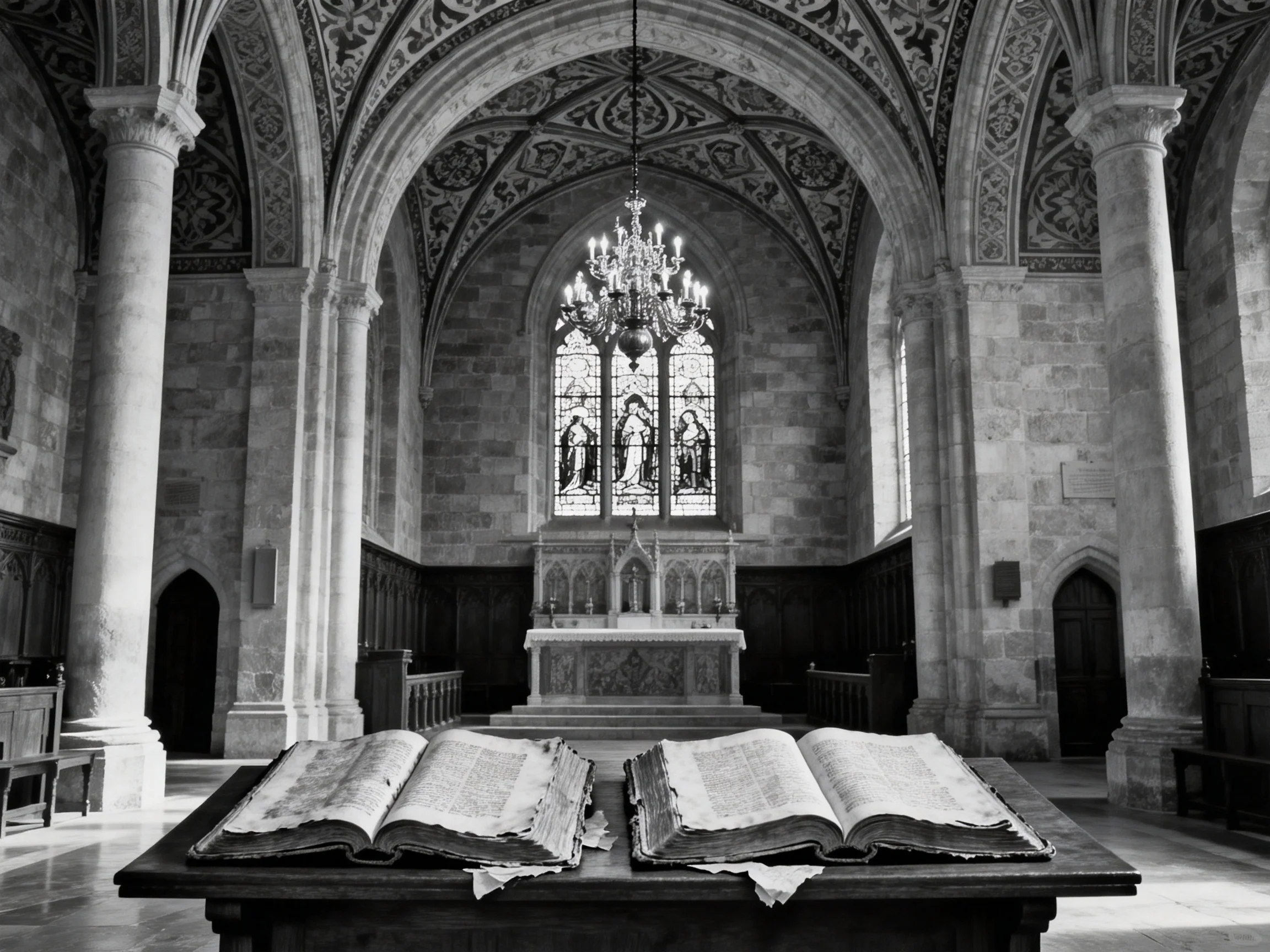 A Historic Church Interior With Stained Glass, Chandelier, and Open Books