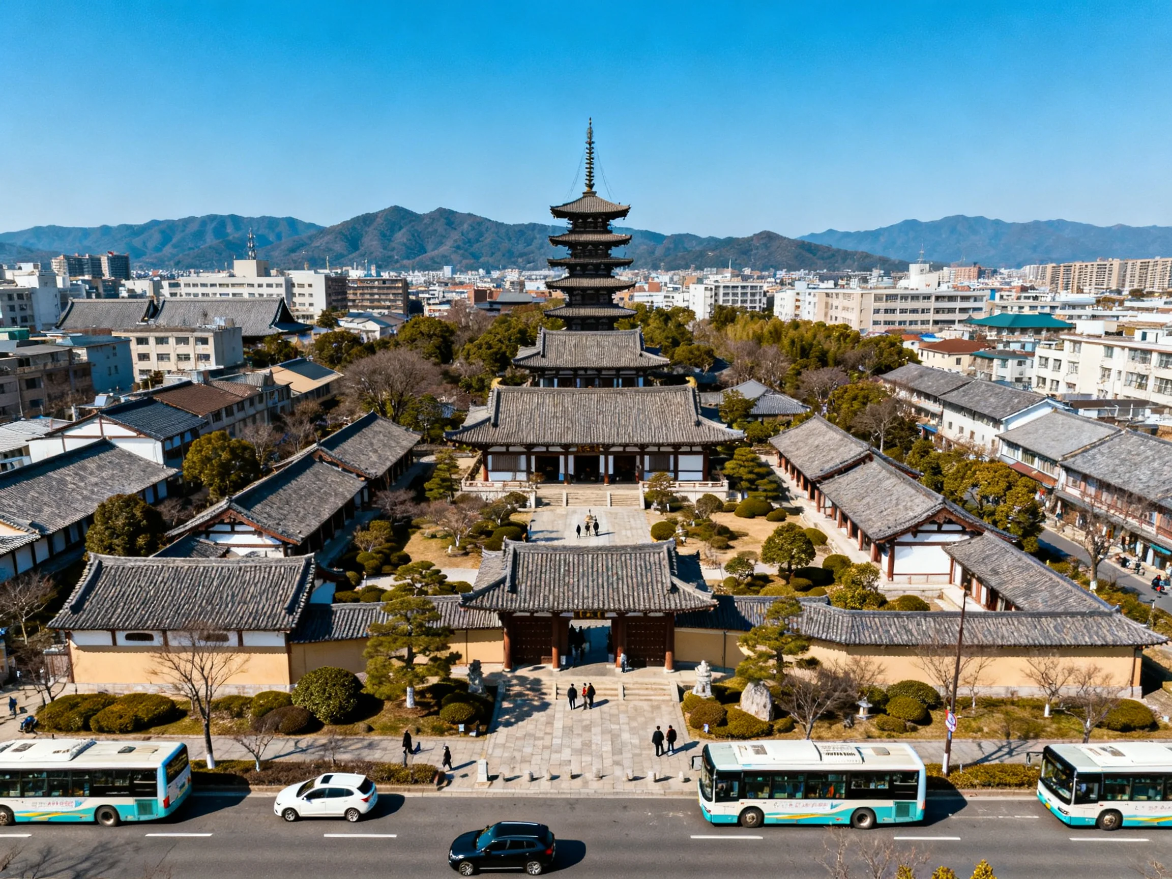 A Historic Pagoda Temple Complex in a Modern City