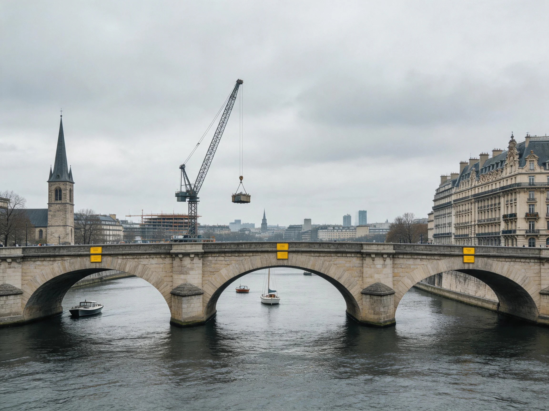 A Historic Stone Arch Bridge Spans a River with Construction Cranes