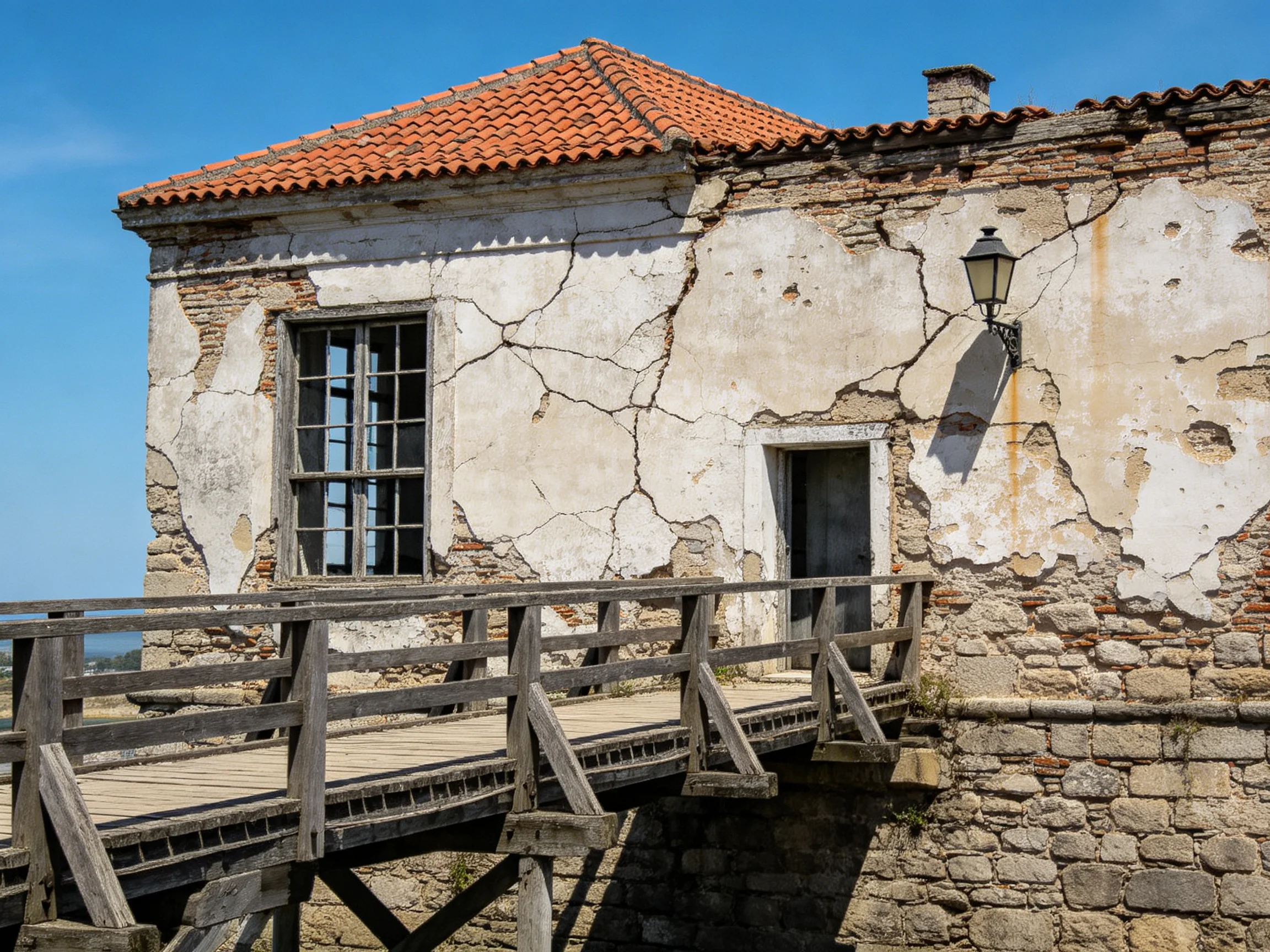 A Historic Stone Building with Cracked White Walls and Red Roof