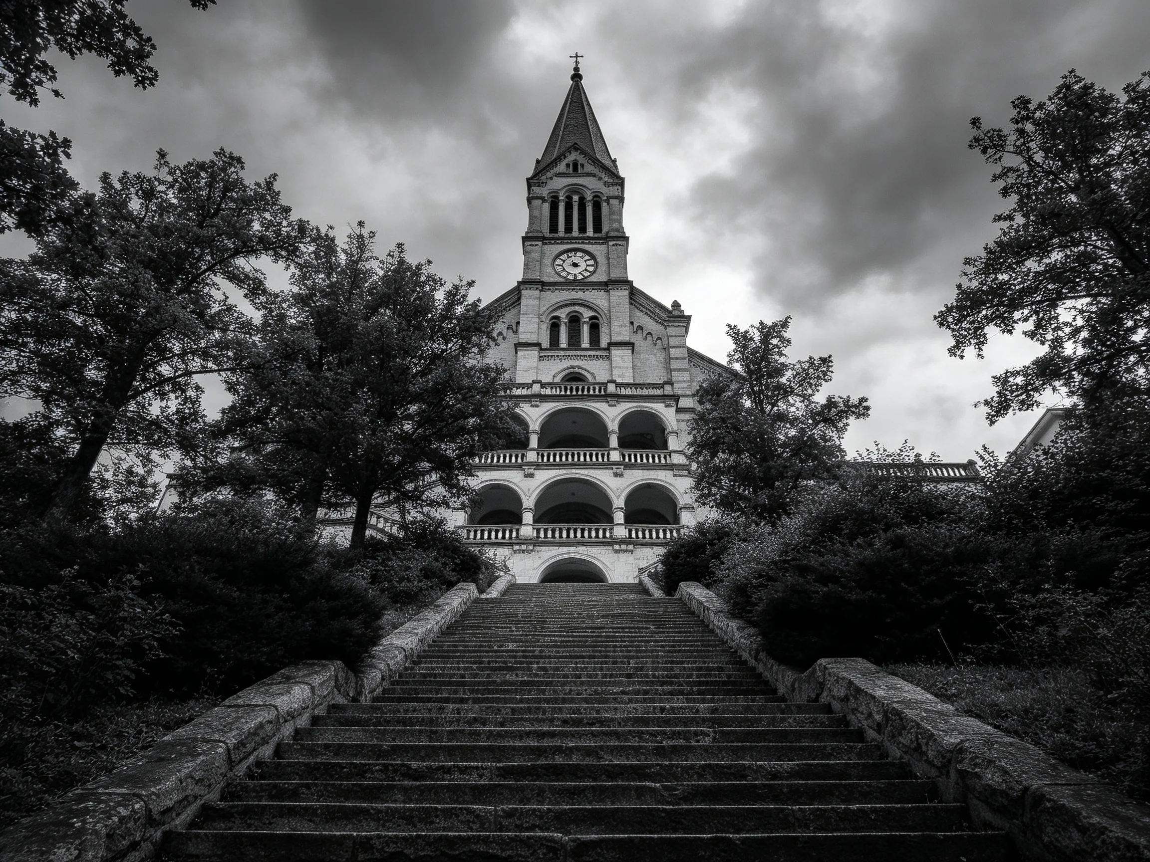A Historic Stone Church With Clock Tower Behind Long Staircase Under Gloomy Skies
