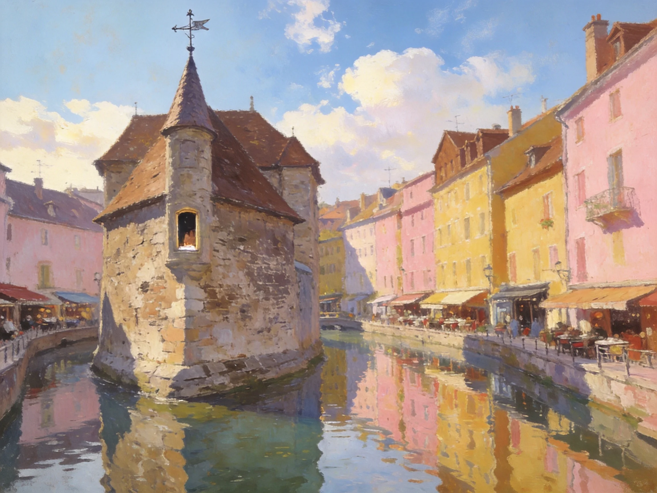 A Historic Stone Tower by Colorful Waterfront Buildings