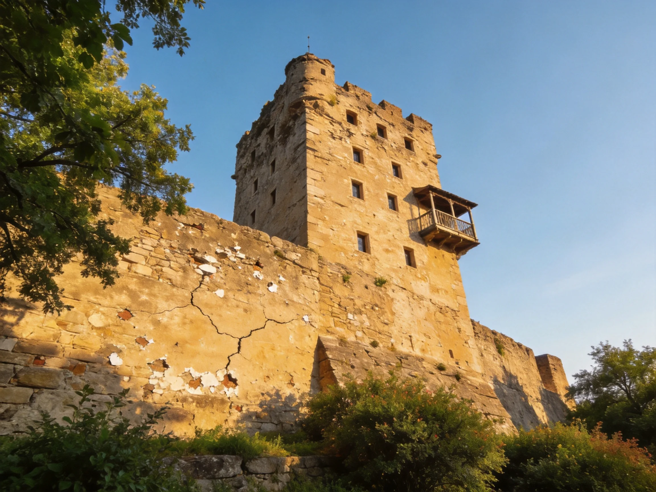 A Historic Stone Tower with Cracked Walls and Wooden Balcony