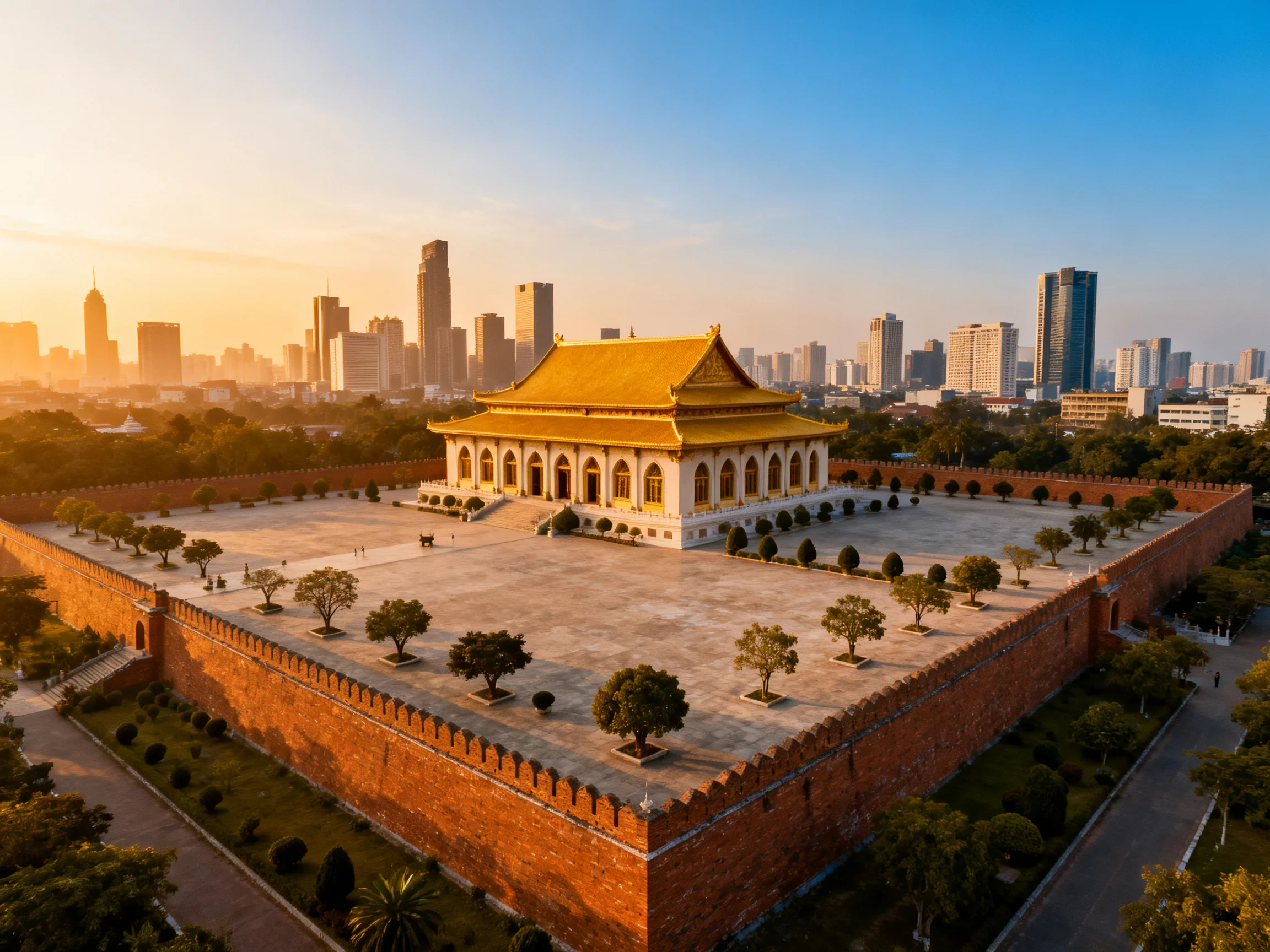 A Historic Temple with Golden Roof Amidst Modern Skyscrapers
