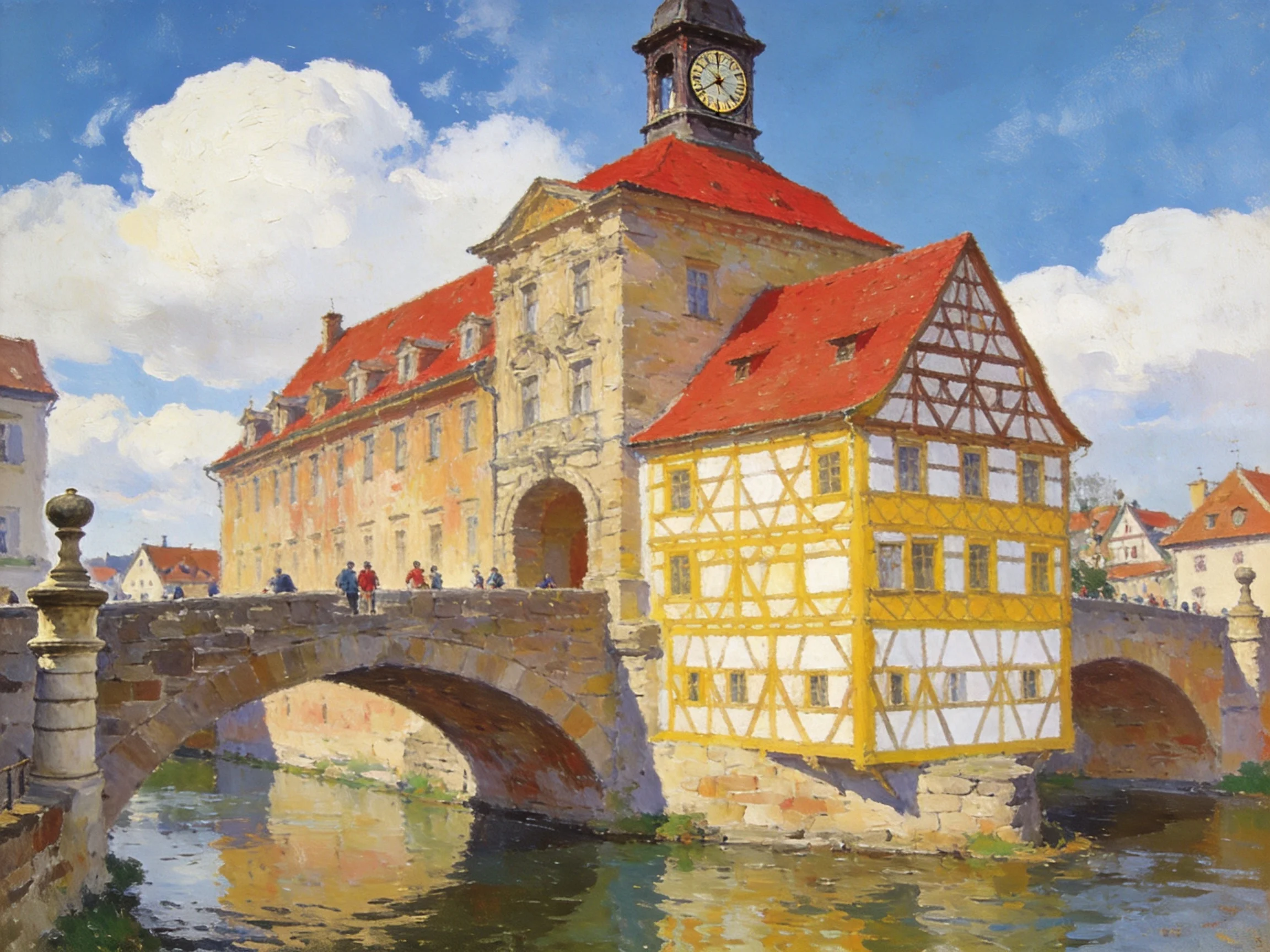 A Historic Town Hall with Timber-Framed Wing Spans Stone Bridge
