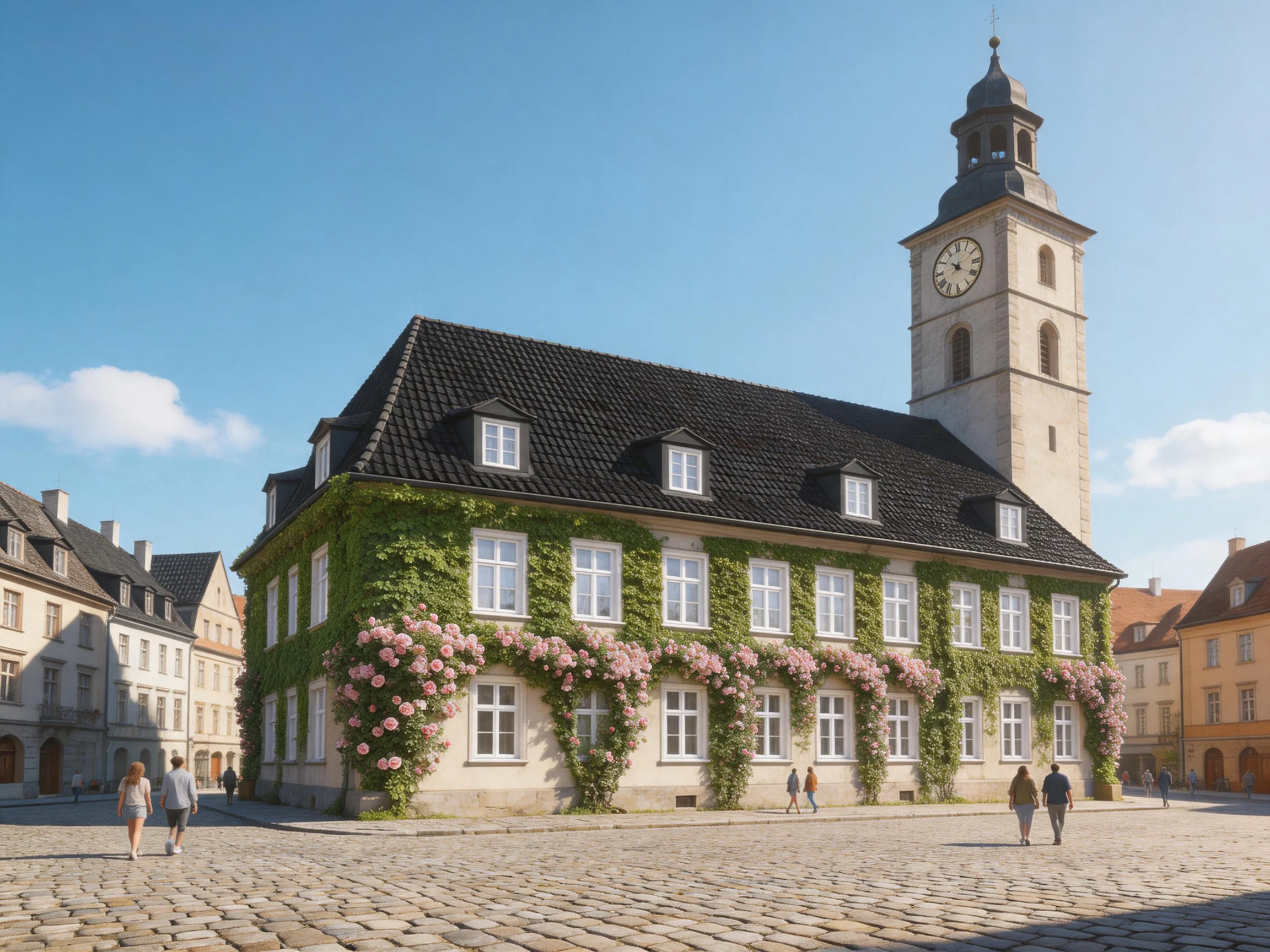 A Historic Town Square with Ivy-Covered Building and Clock Tower