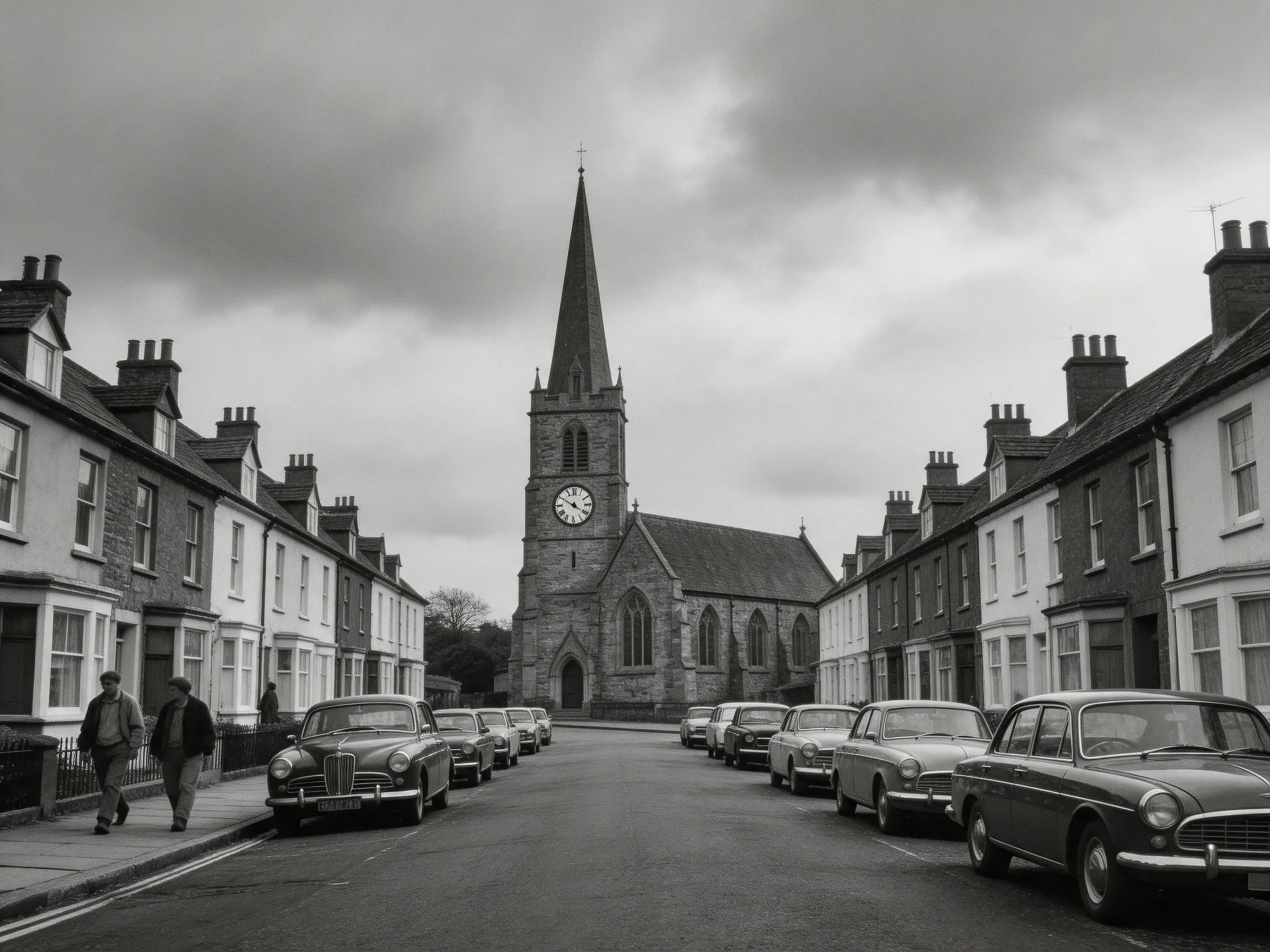 A Historic Town Street with Vintage Cars and a Stone Church
