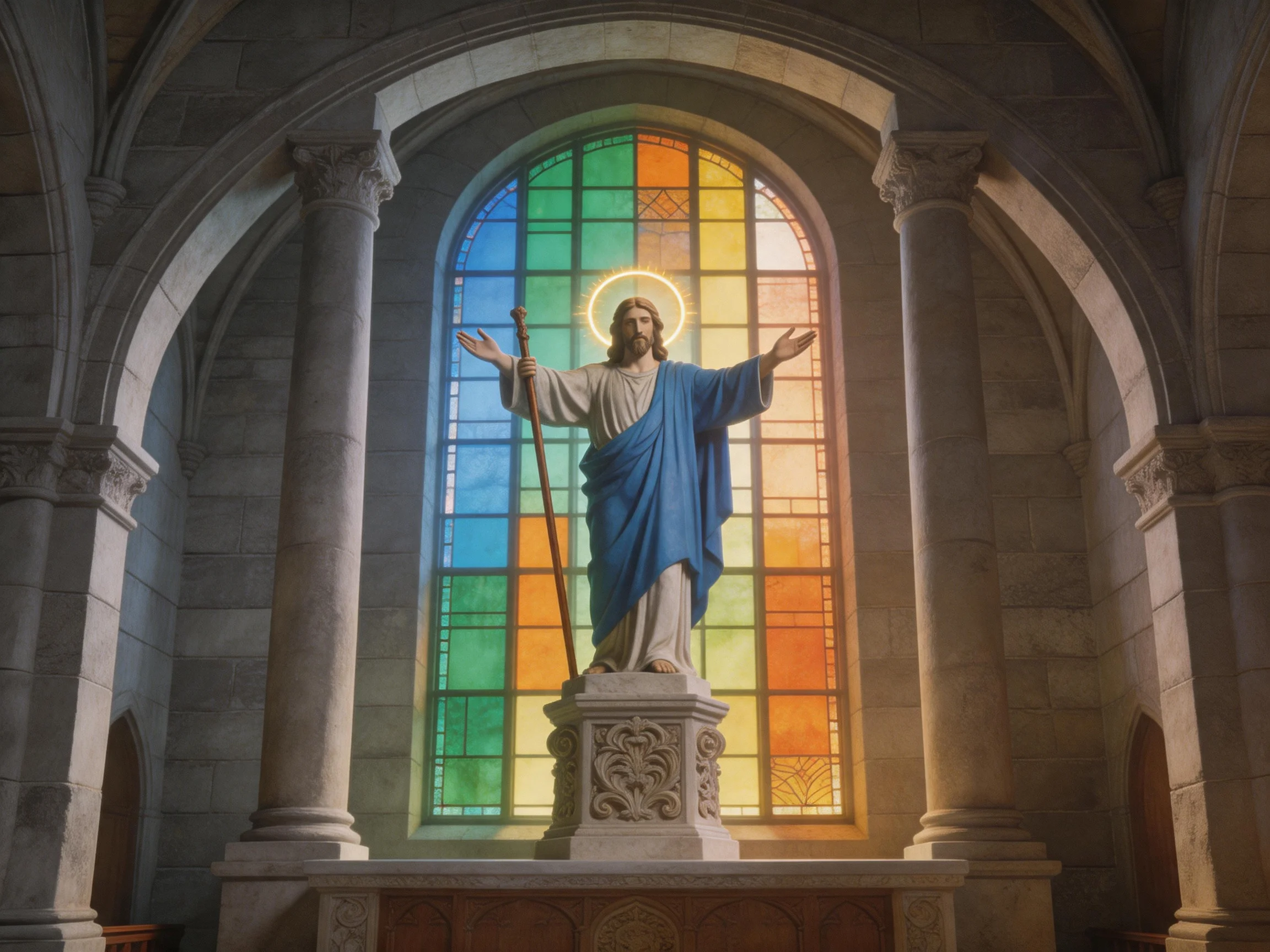 A Jesus statue in blue robes by a colorful stained glass window