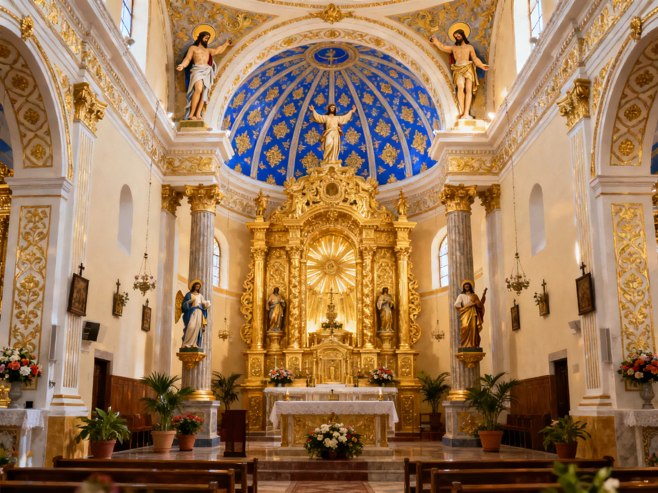 A Lavishly Ornate Church Interior with Golden Altar