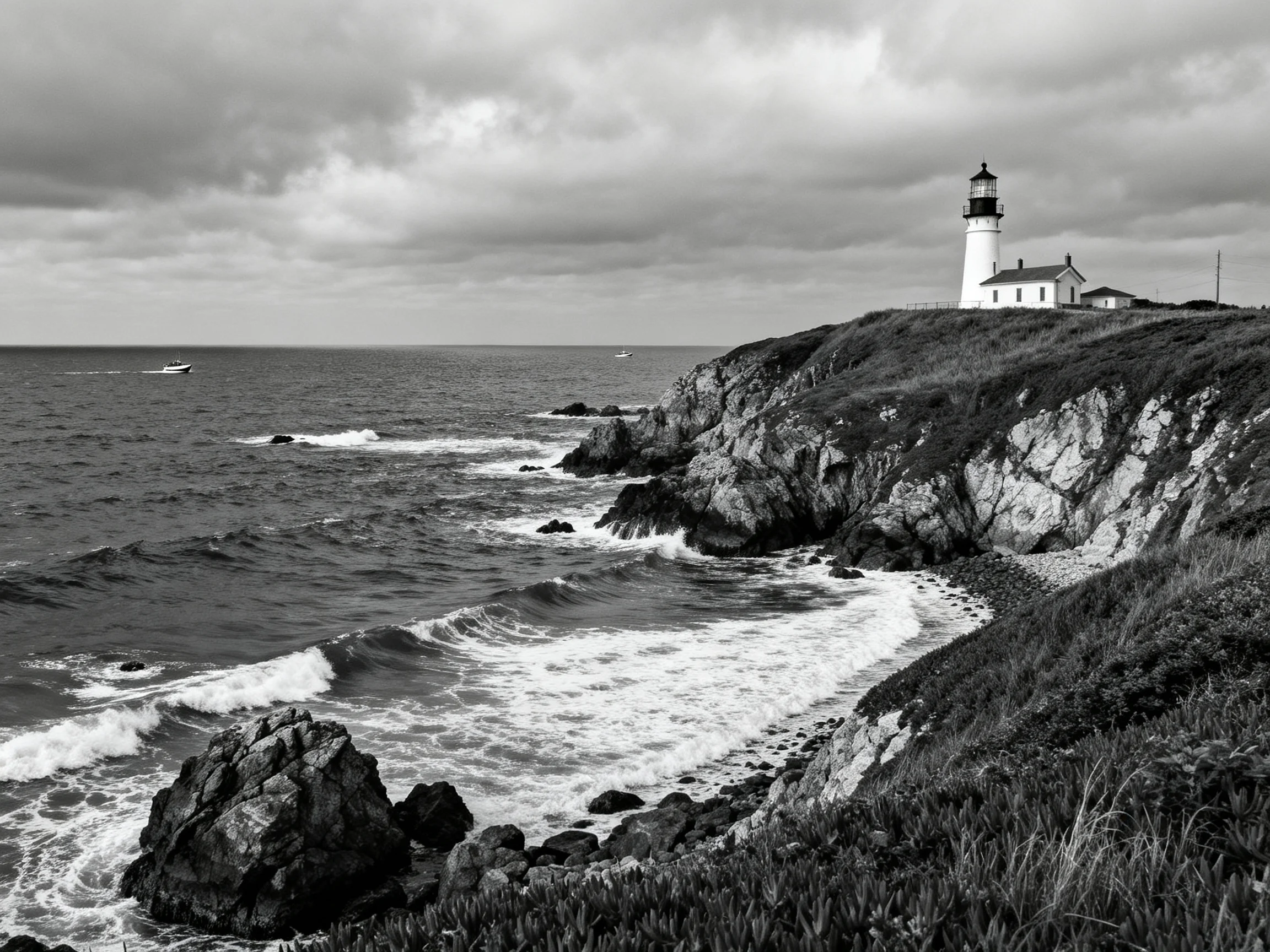 A Lighthouse Perched on a Rocky Coastal Cliff by Churning Ocean Waters