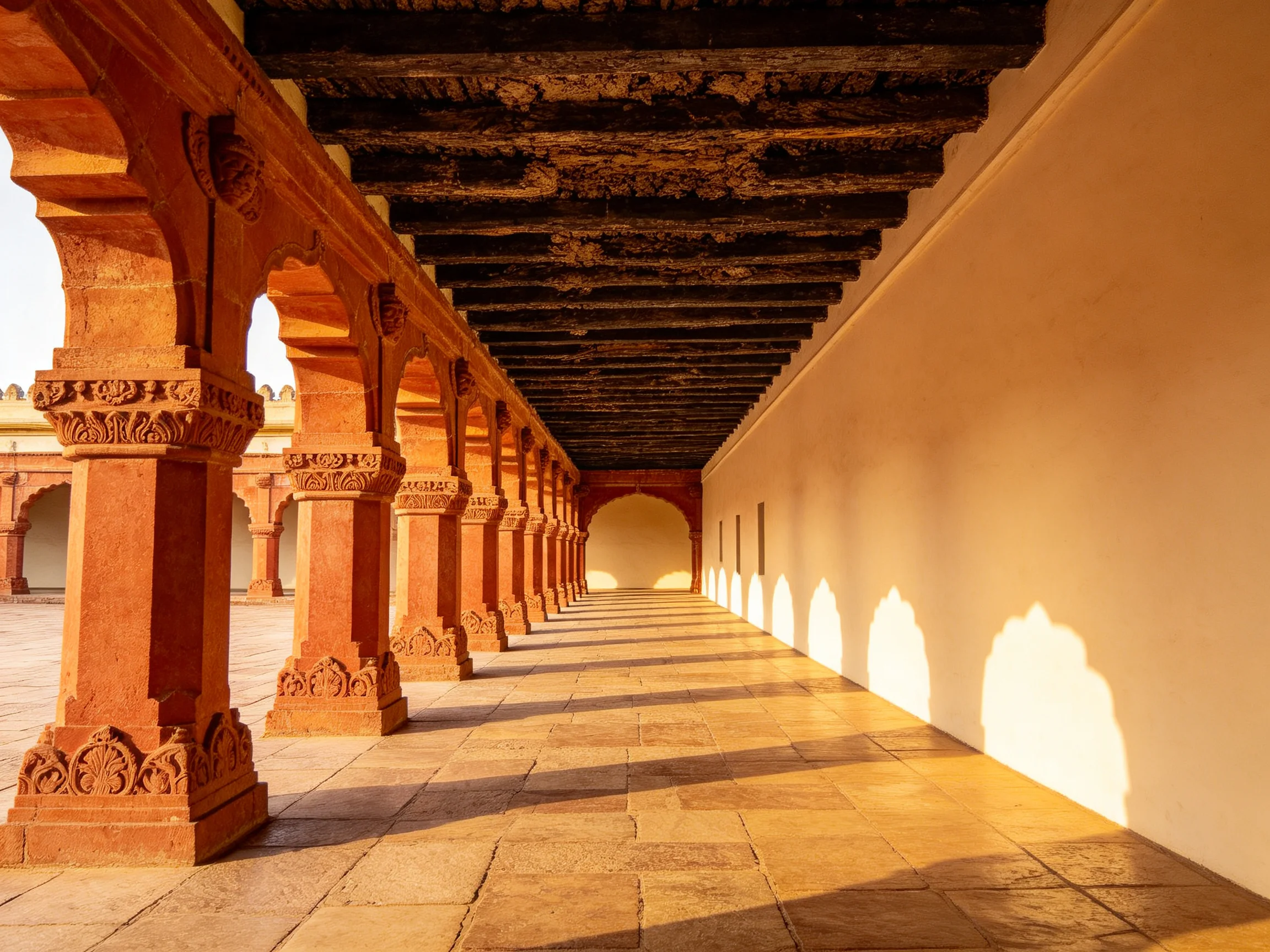 A Long Corridor of Reddish-Brown Stone Arches Under a Dark Wooden Ceiling