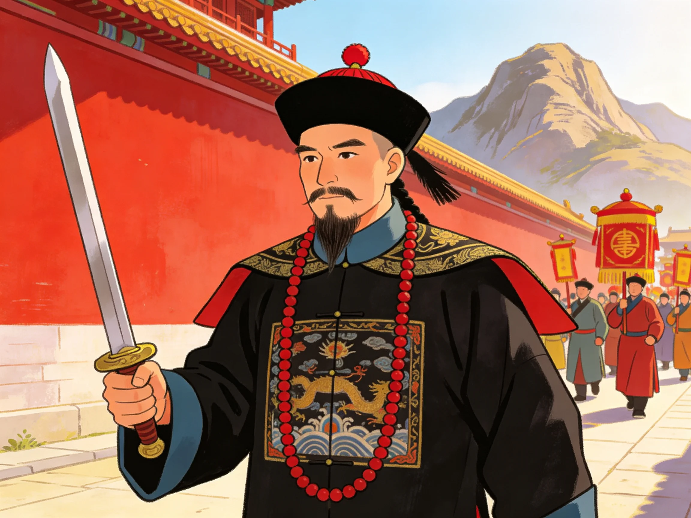 A Man in Traditional Chinese Official Robes Holding a Sword Near Red Walls