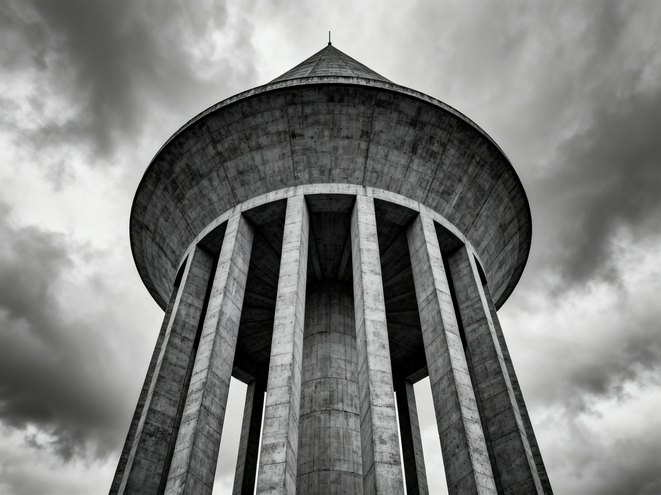 A Massive Concrete Water Tower with Tall Columns Under Stormy Skies