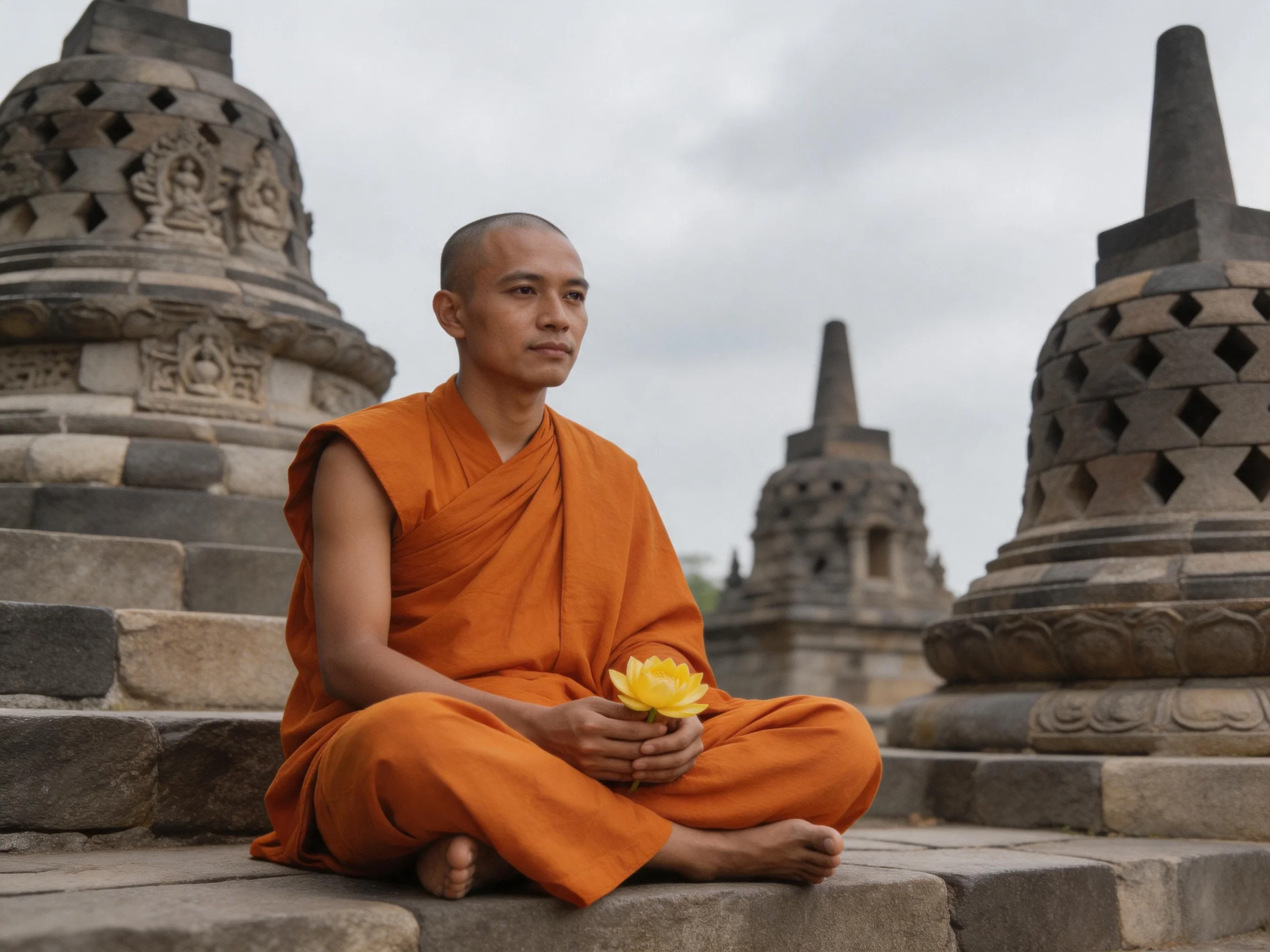 A Monk in Orange Robes Holding a Yellow Flower Among Ancient Stone Stupas