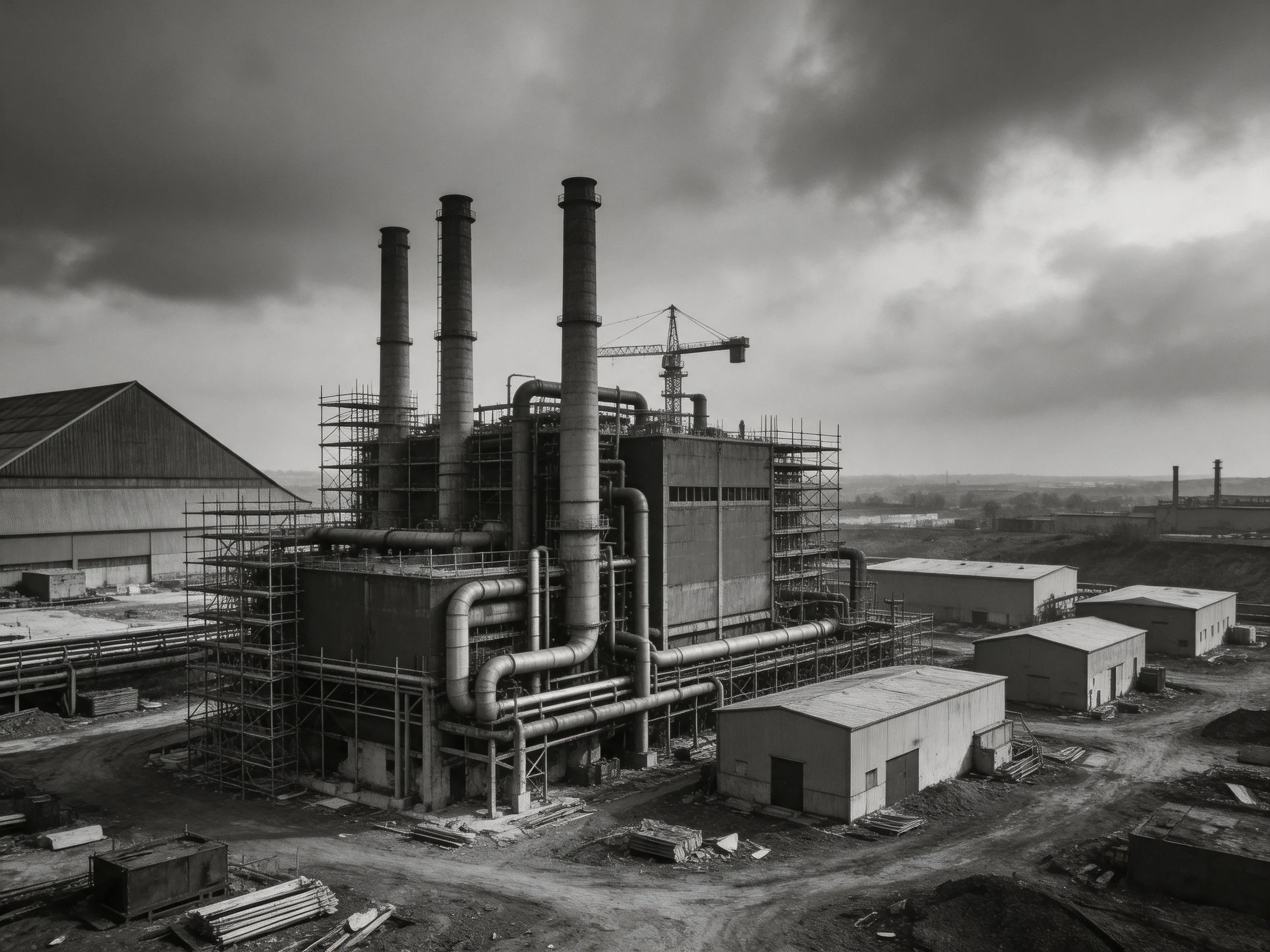 A Monochrome Industrial Site with Three Tall Chimneys and Extensive Scaffolding