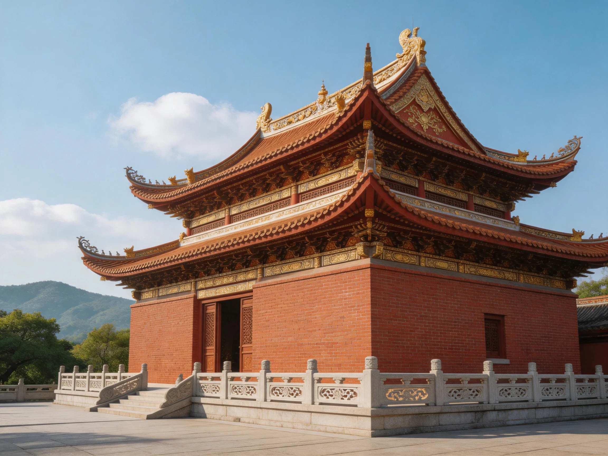 A Multi-Tiered Red Brick Temple with Golden Roof Details