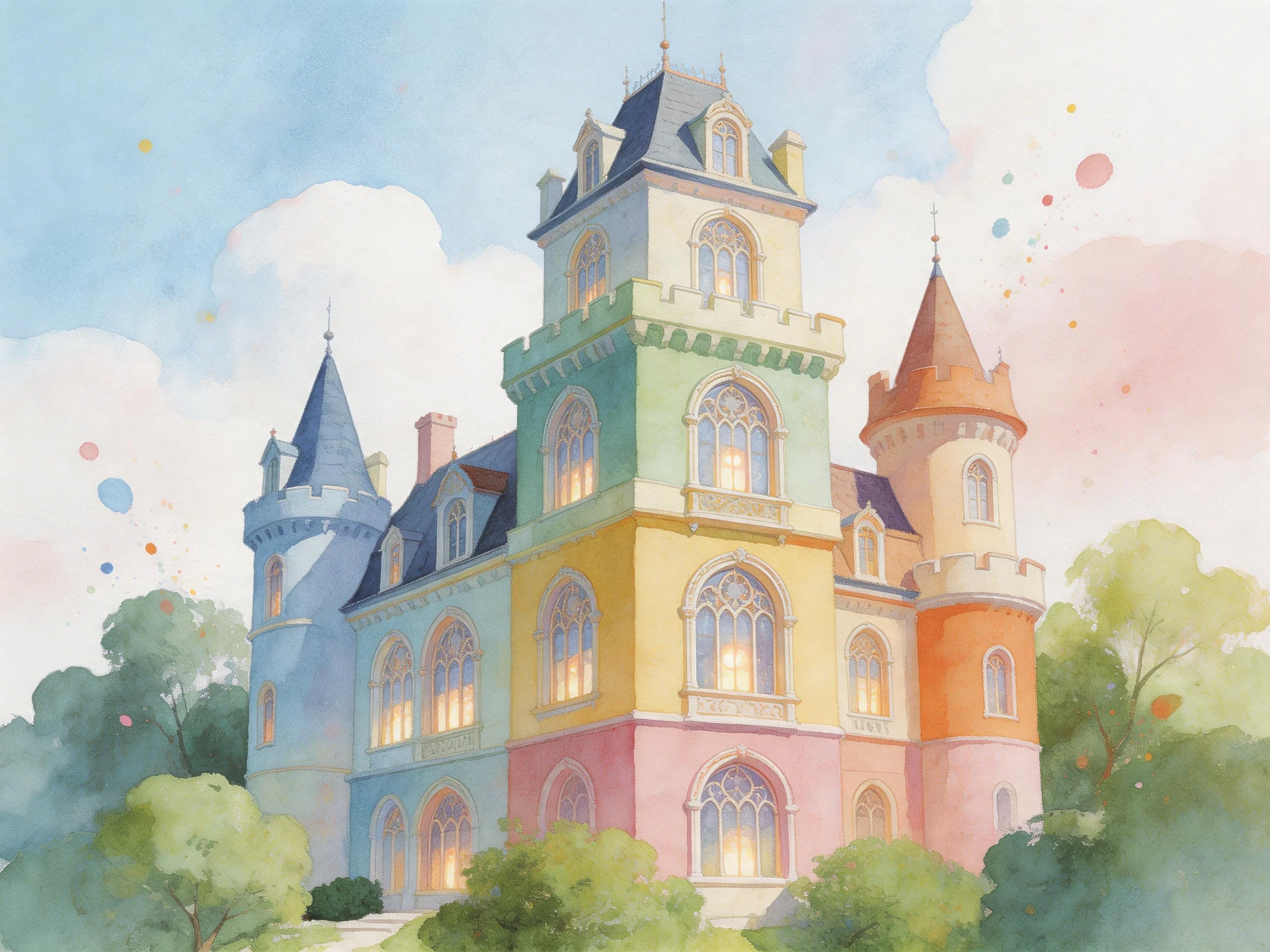 A Multicolored Castle with Pastel Facades and Towering Turrets