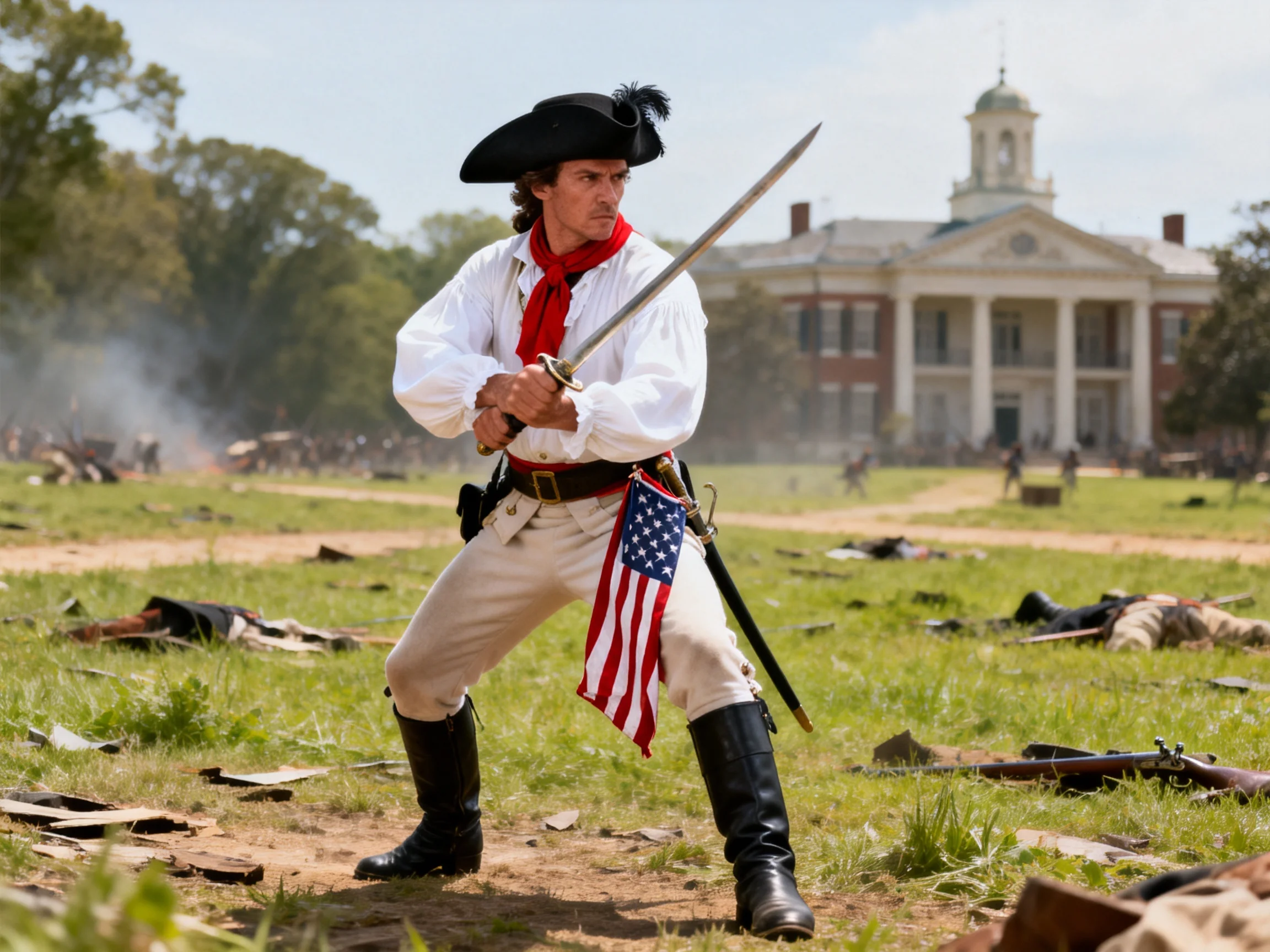 A Revolutionary War reenactor wields a sword near a colonial building