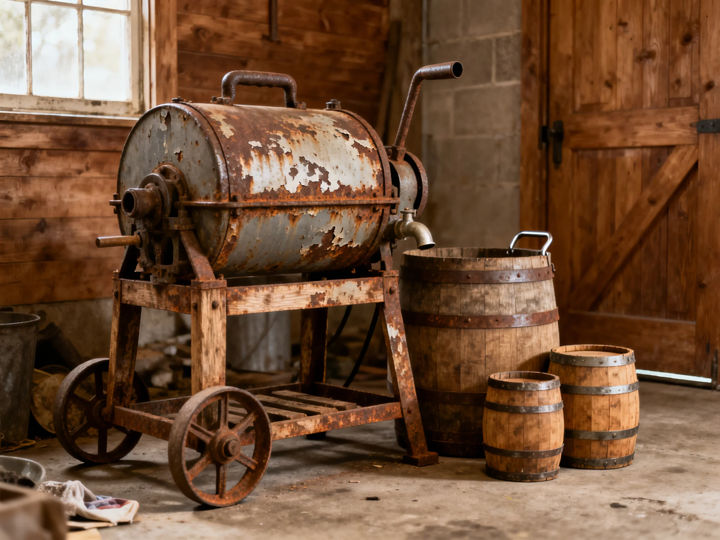 A Rustic Barn with a Rusted Metal Machine and Wooden Barrels