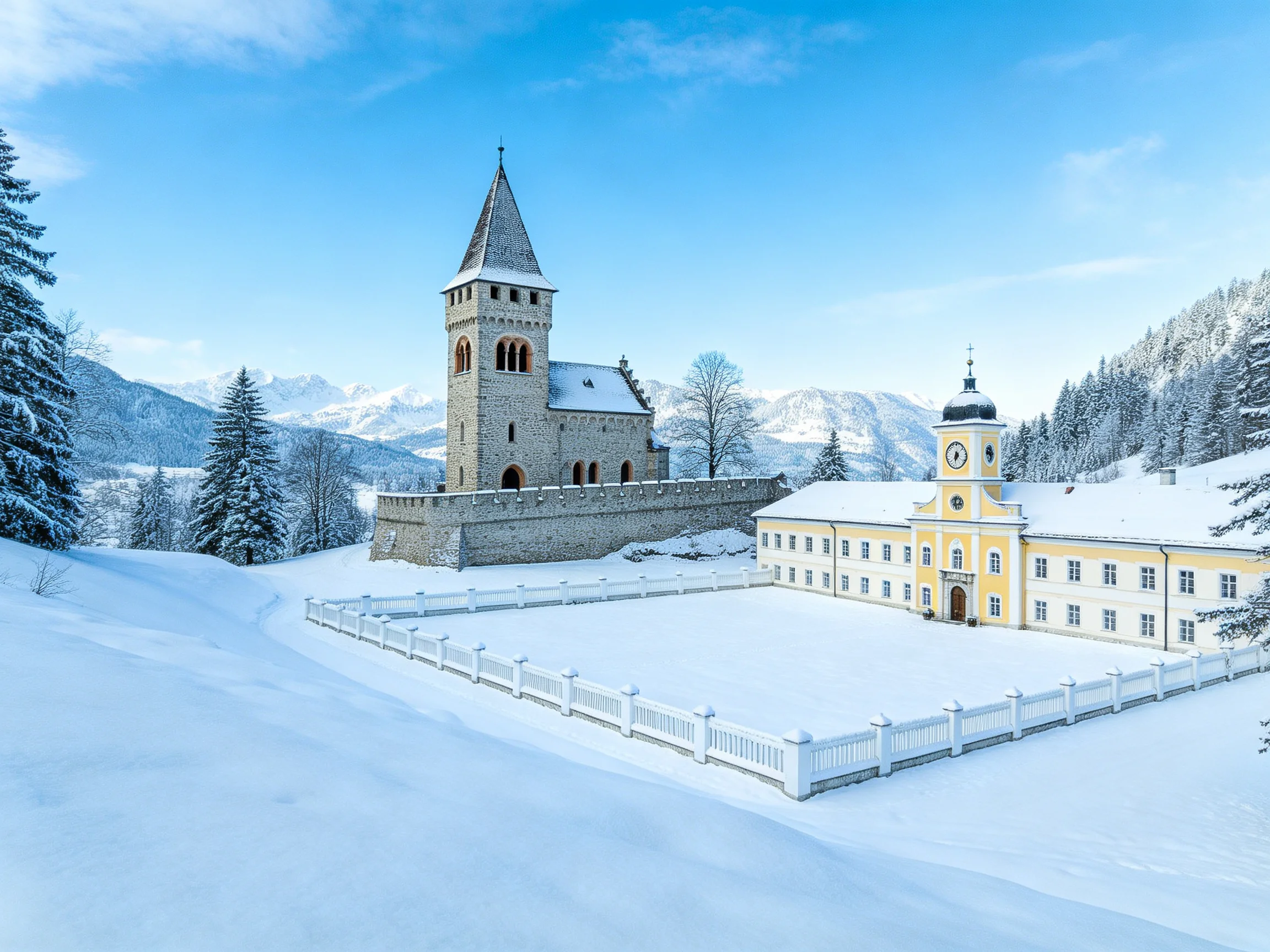 A Snow-Covered Medieval Tower and Yellow Building Amidst Forested Mountains