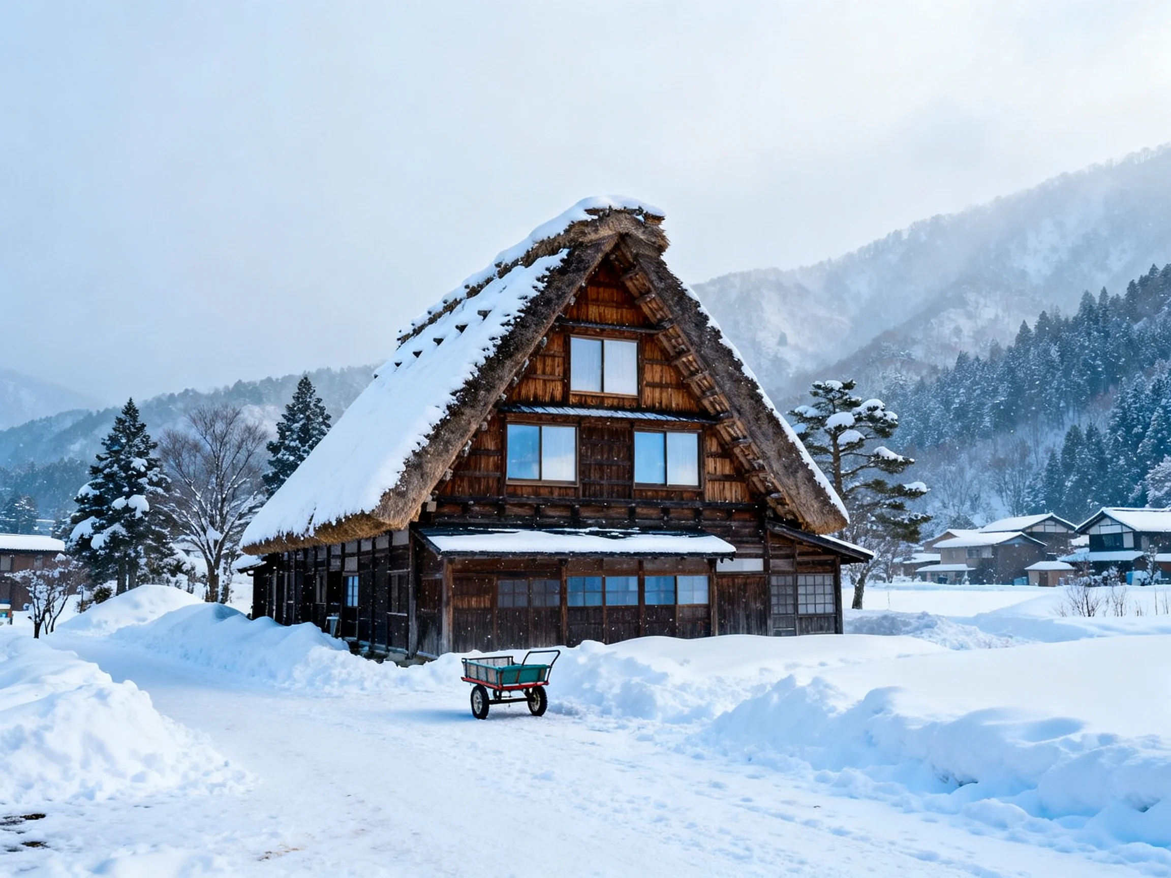 A Snow-Covered Traditional Wooden House in a Winter Village