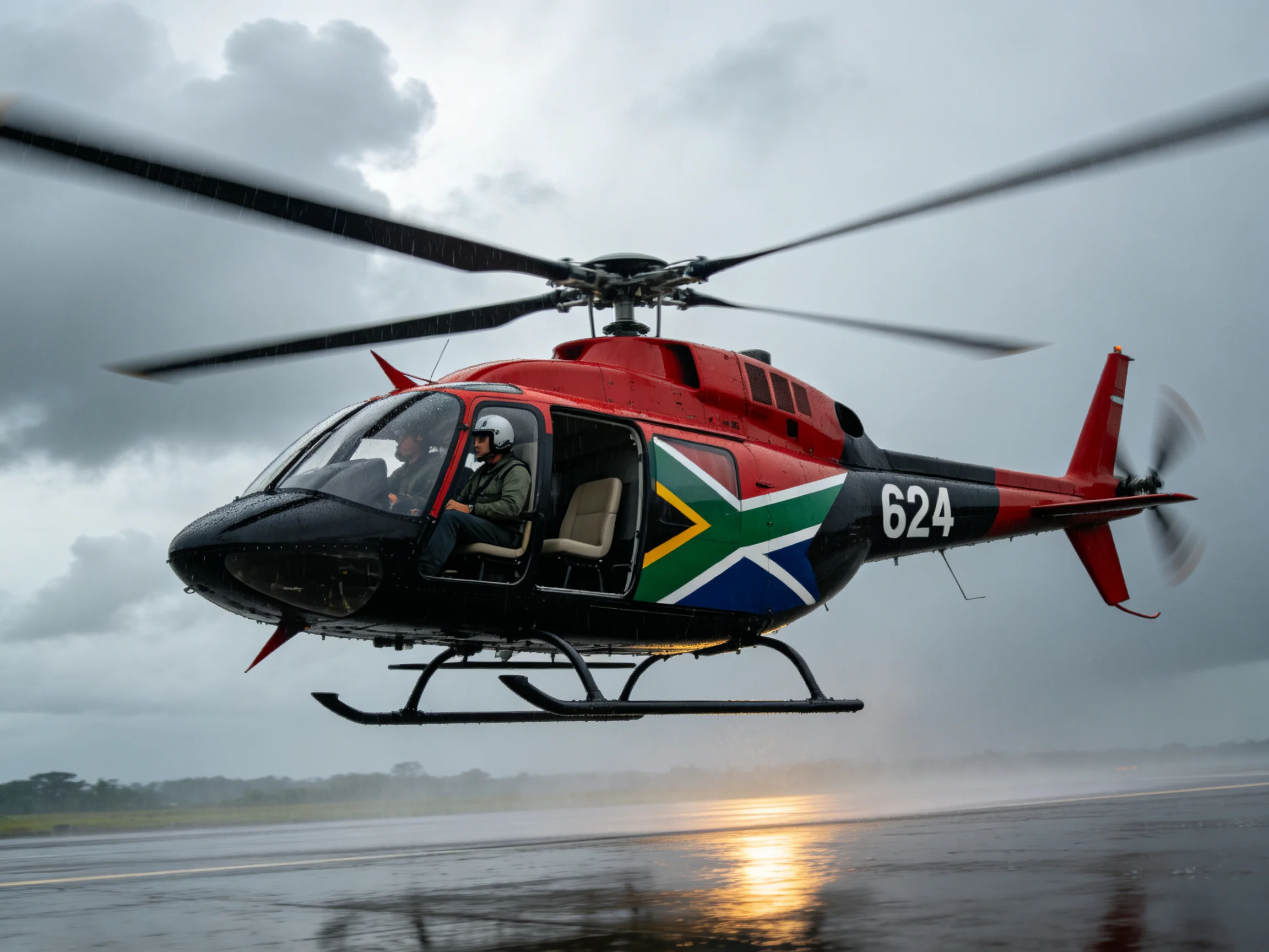 A South African military helicopter with national flag markings hovers near a wet runway