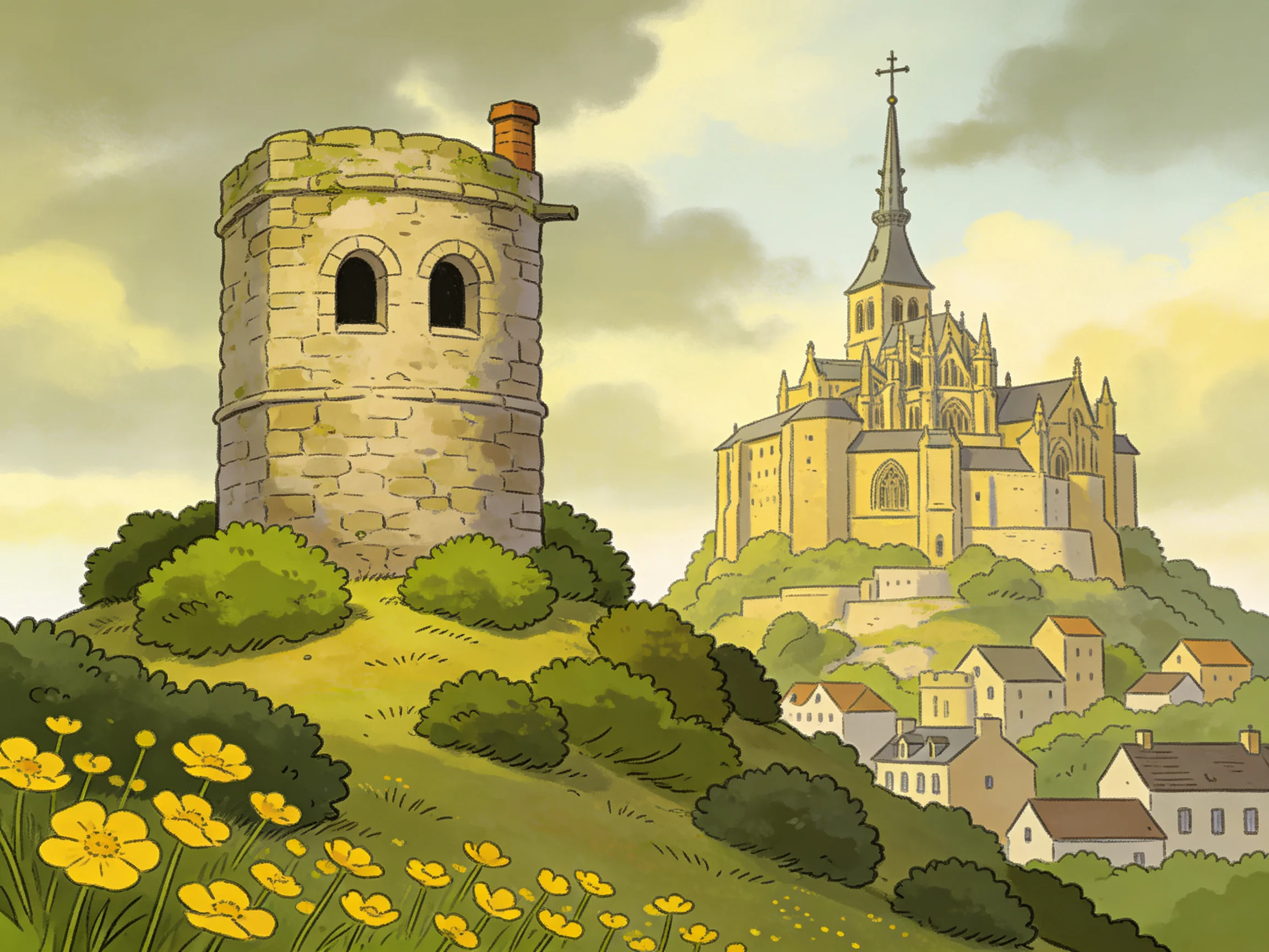 A Stone Tower and Grand Cathedral Overlook a Village with Yellow Flowers