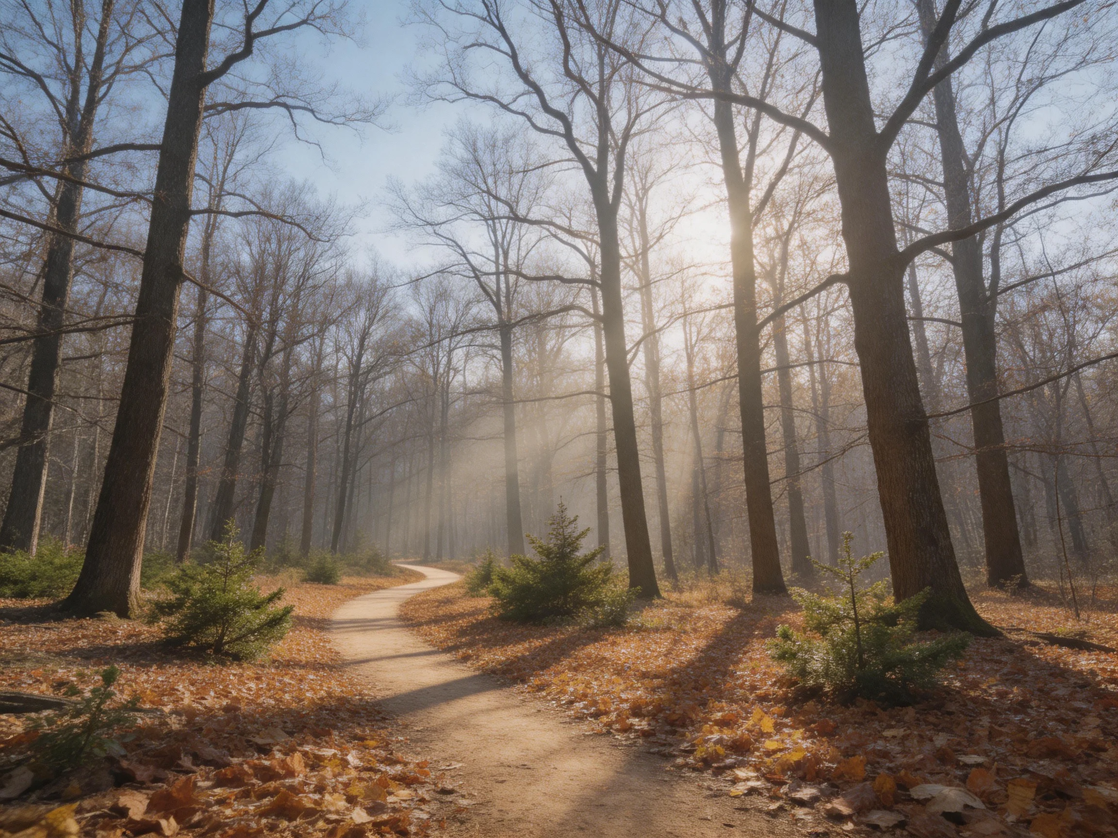 A Sunlit Forest Path With Autumn Leaves and Tall Trees