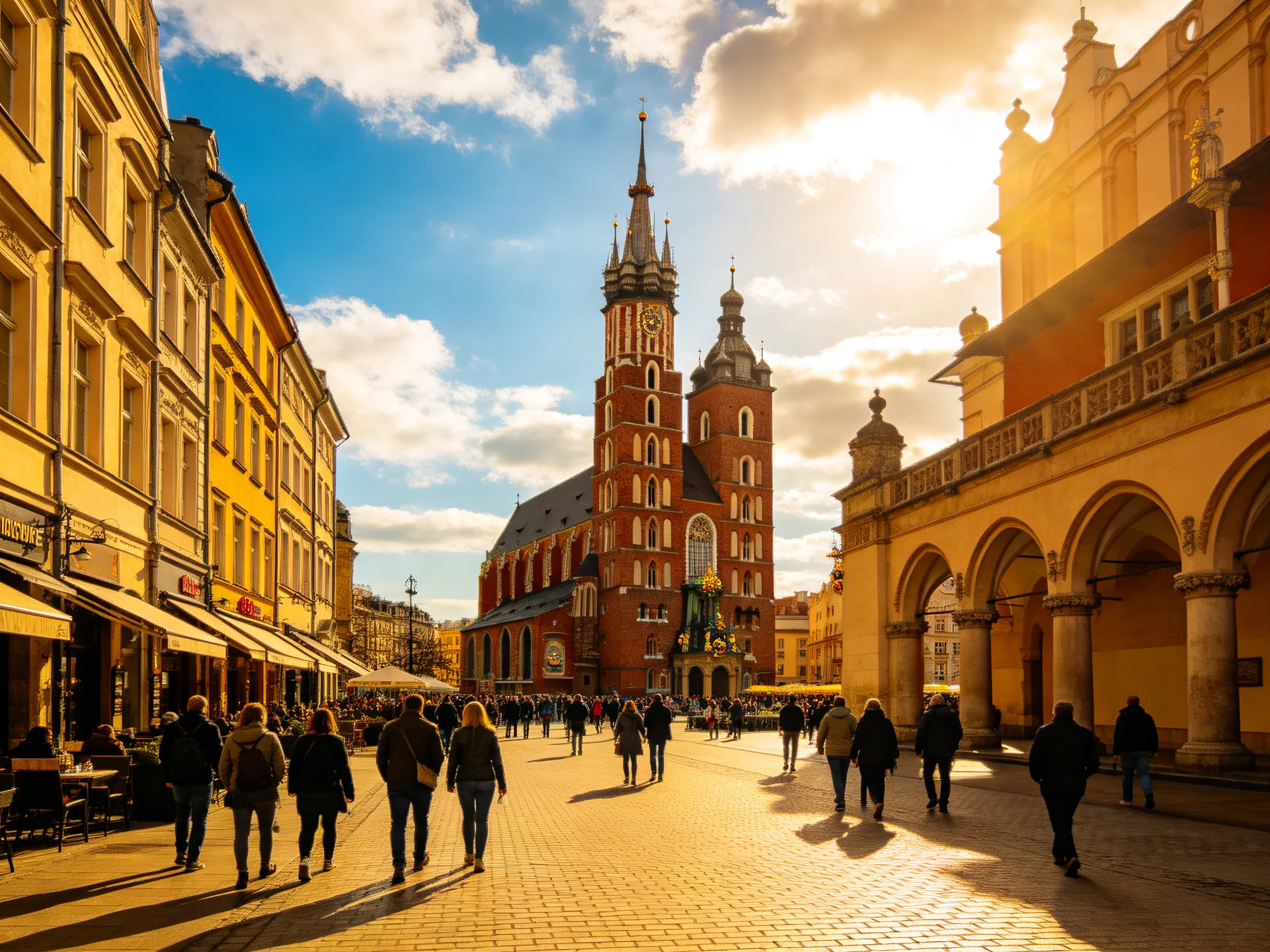 A Sunlit Historic Square with Pedestrians Near a Tall Brick Church