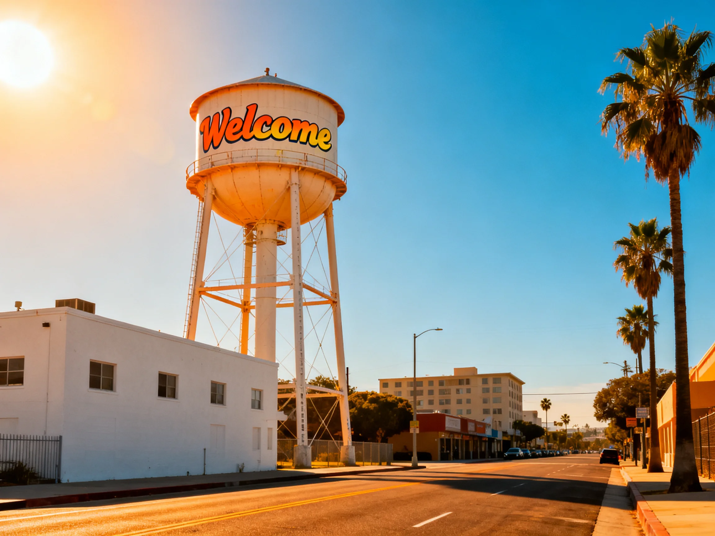 A Sunny Town Scene With a Welcome Water Tower