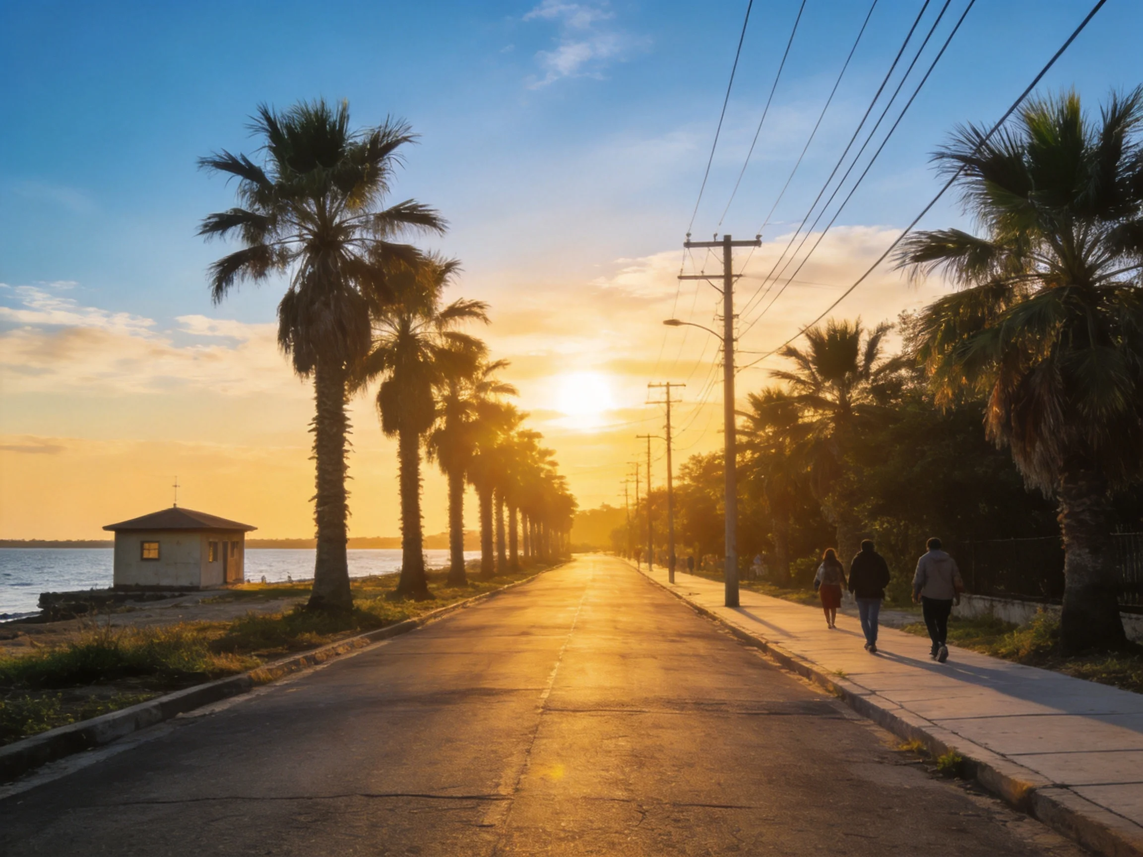 A Sunset-Lit Coastal Road with Palm Trees and Pedestrians