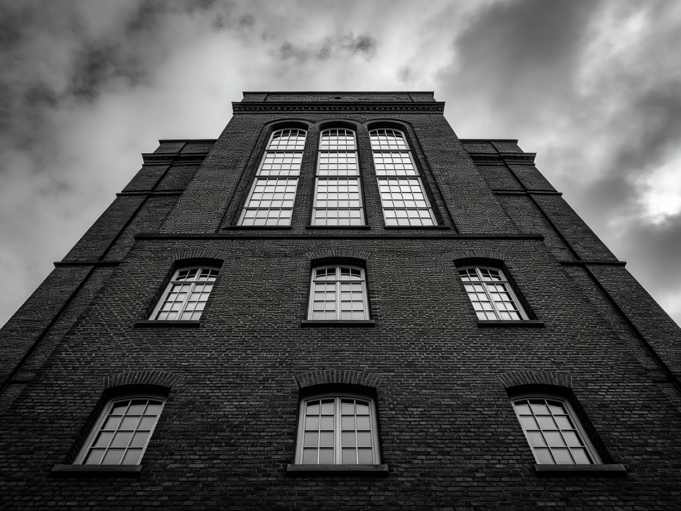 A Tall Brick Building with Arched Windows Under Stormy Sky