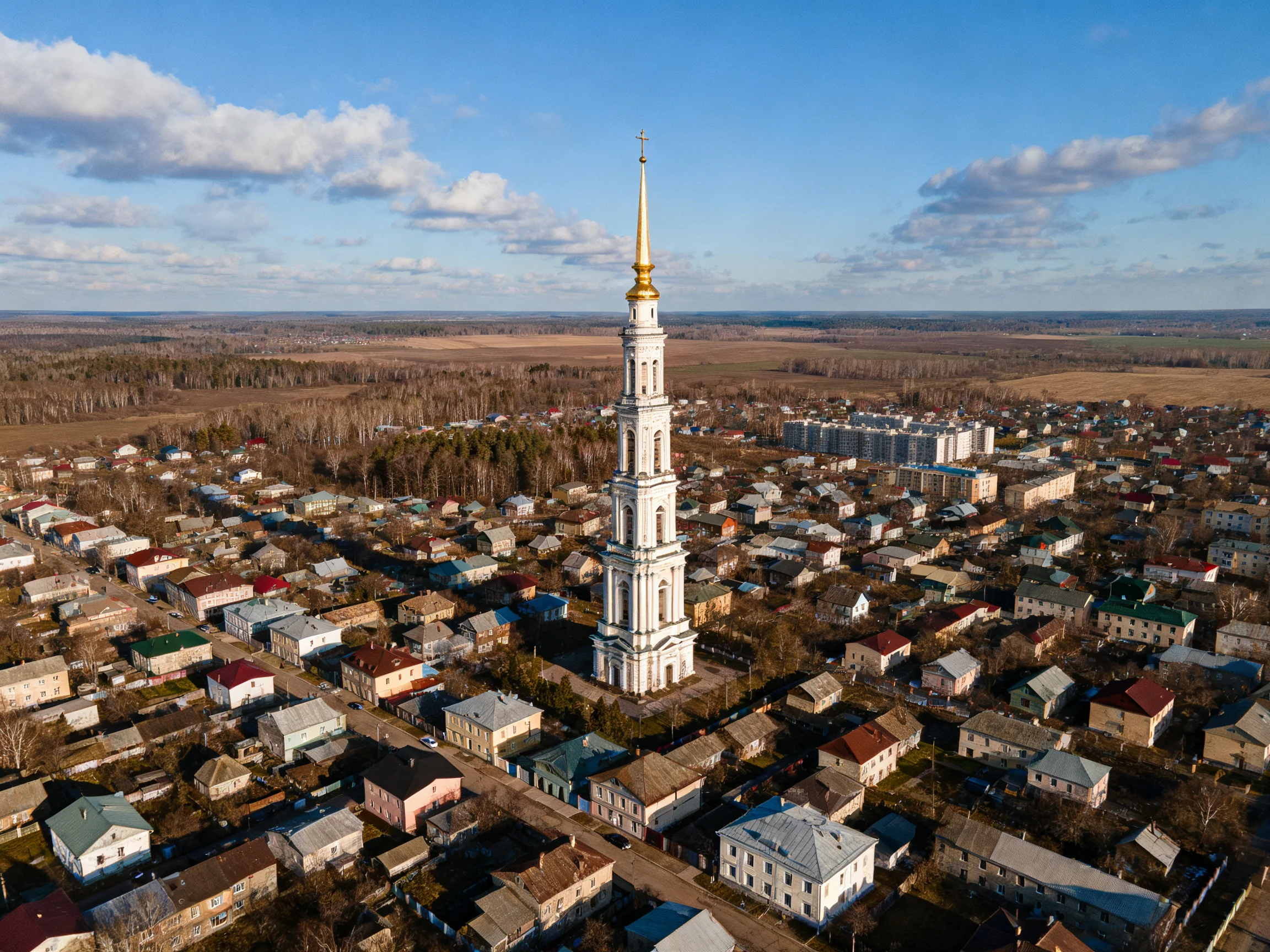 A Tall White Tower with Golden Spire Surrounded by Multicolored Houses