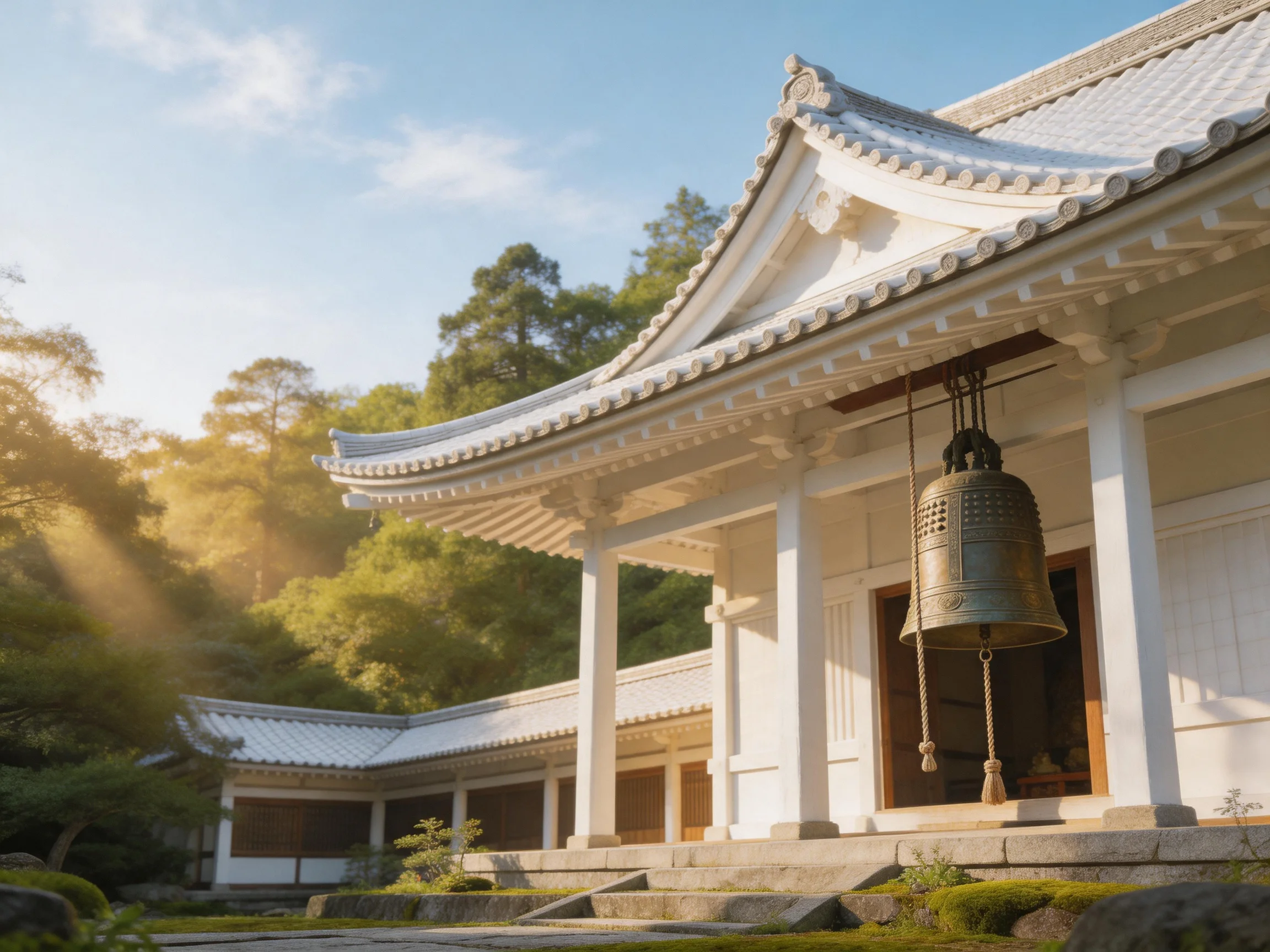 A Traditional Japanese Temple with White Architecture and a Large Bronze Bell