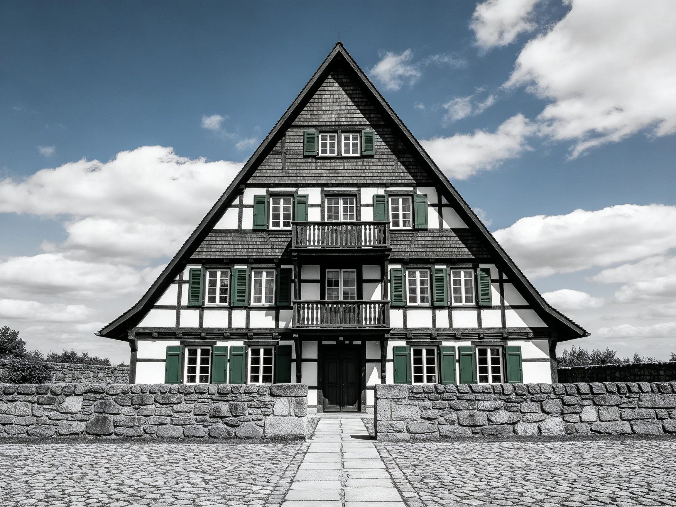 A Triangular Timber-Framed House with Green Shutters and Stone Wall