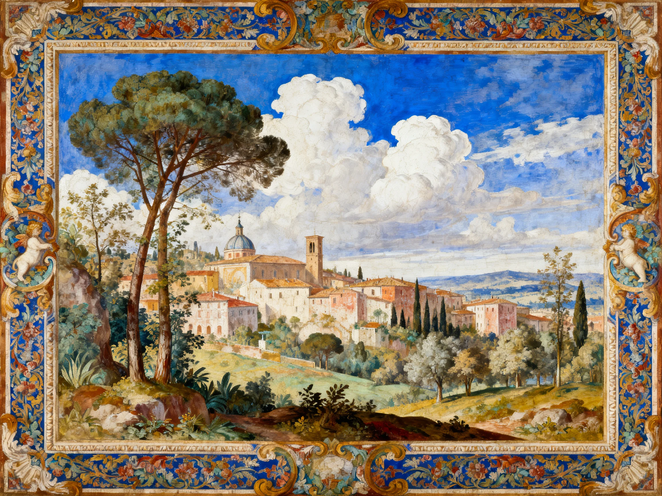 A Vibrant Medieval Town Landscape with Ornate Decorative Framing