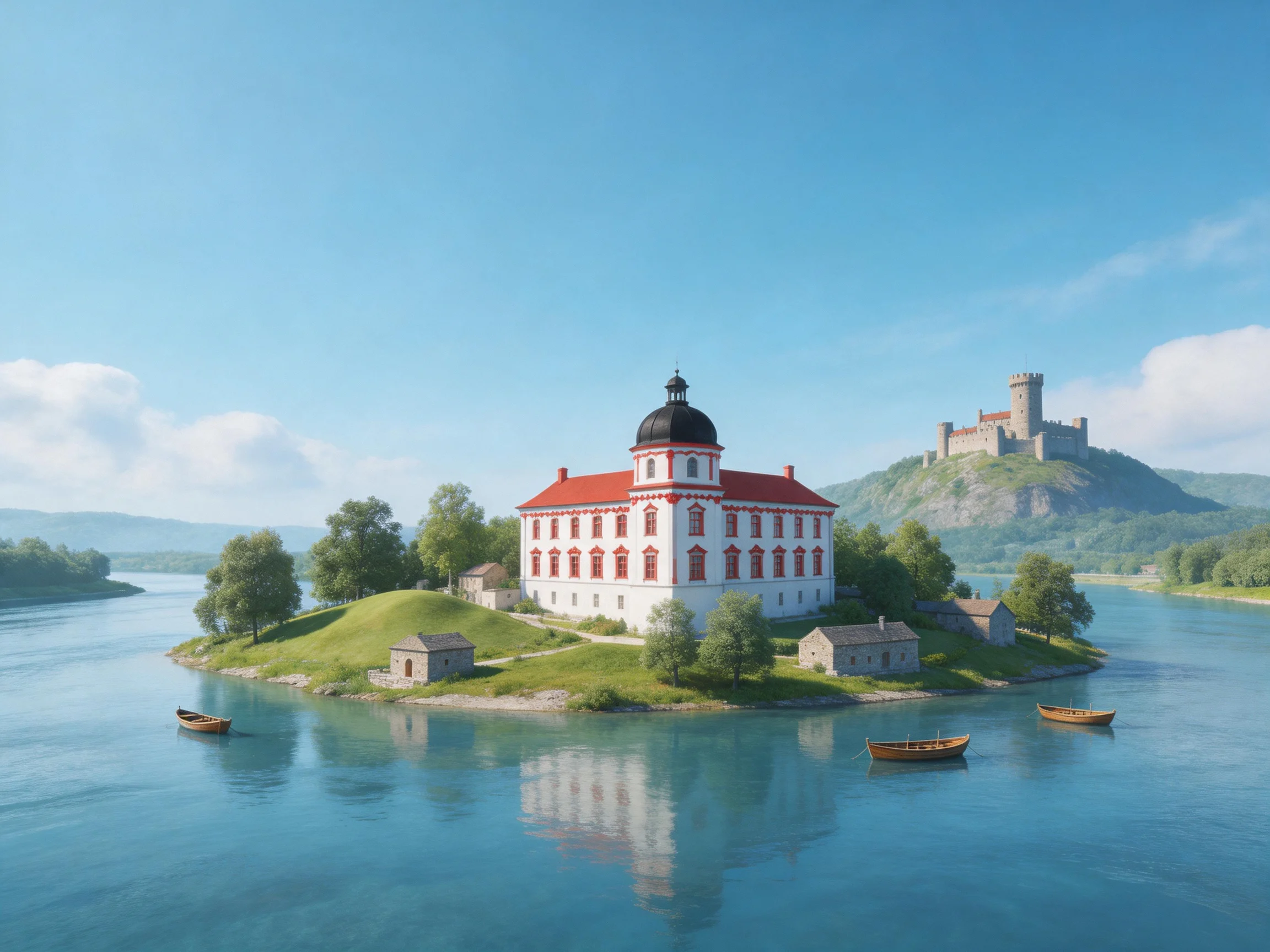 A White Building with Red Roof on a Small Island Near a Castle