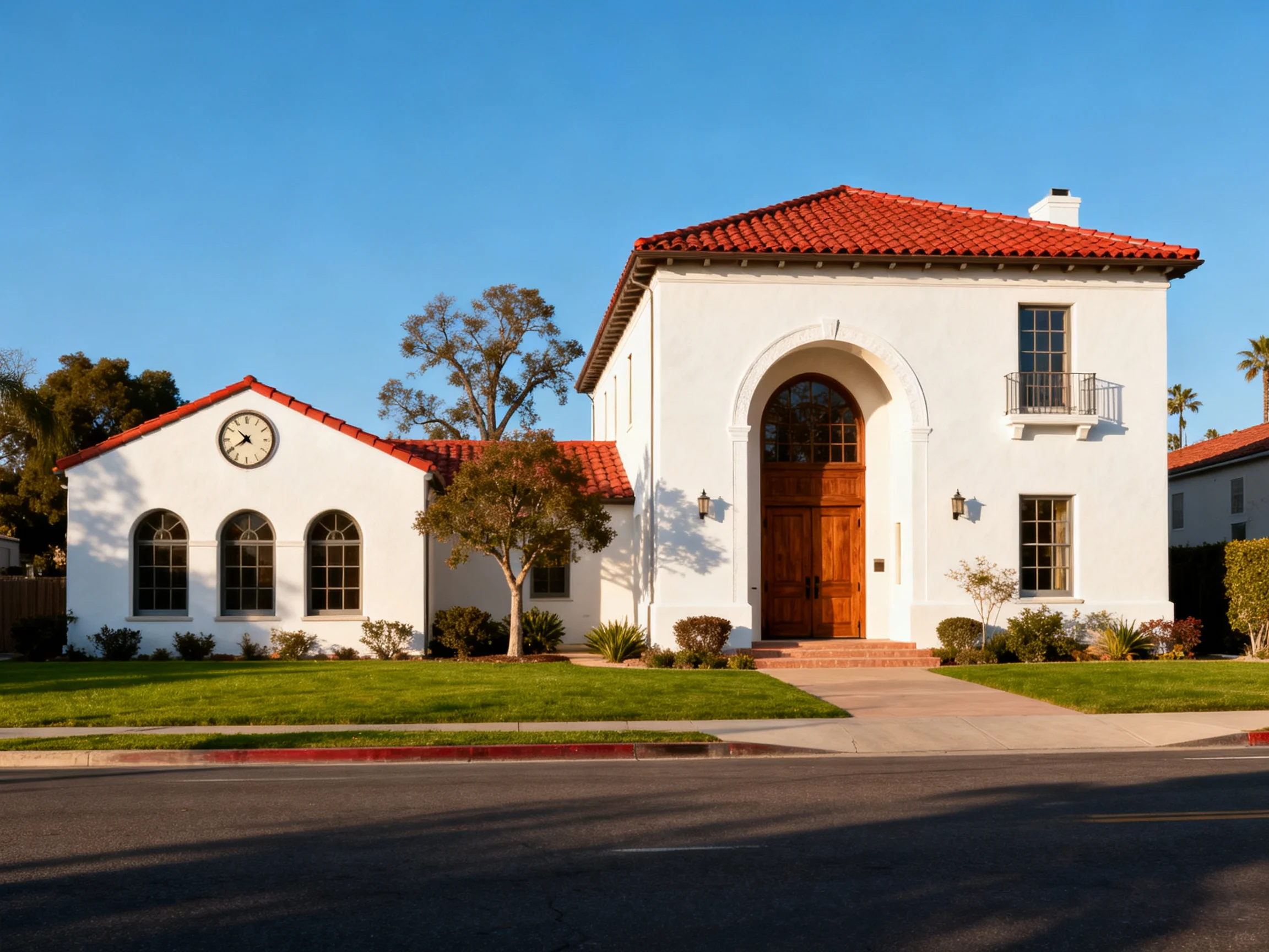 A White Spanish Revival Home with Red Tile Roofs and Arched Wooden Entrance