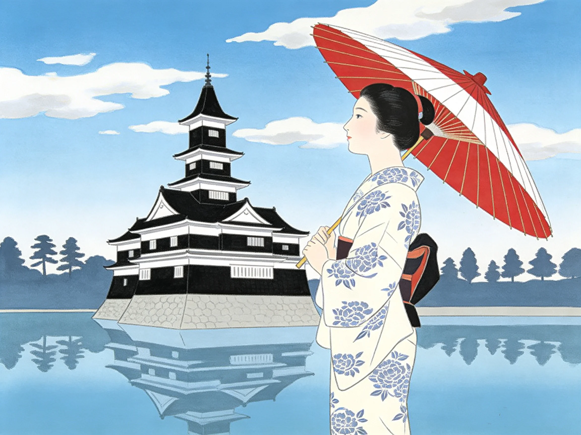A Woman in Kimono with Red Umbrella Near Traditional Japanese Castle