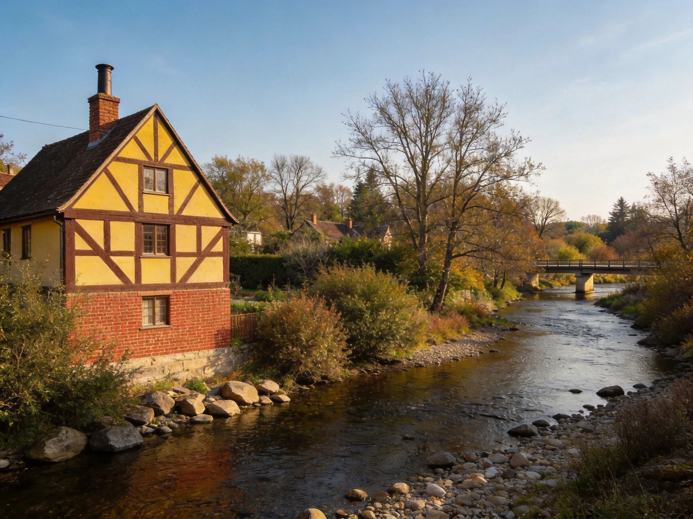 A Yellow Timber-Framed House by a Flowing River Near an Old Bridge