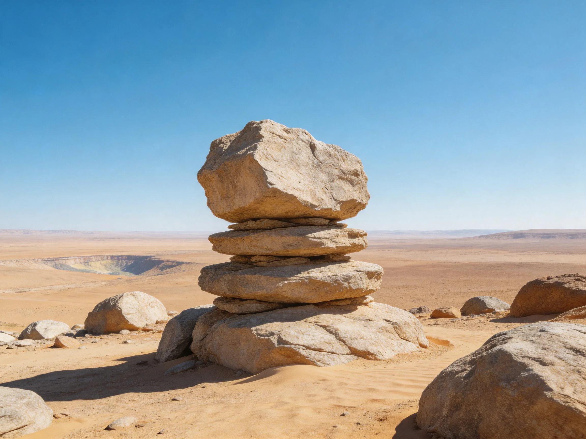 A balanced rock stack stands tall in an expansive sandy desert