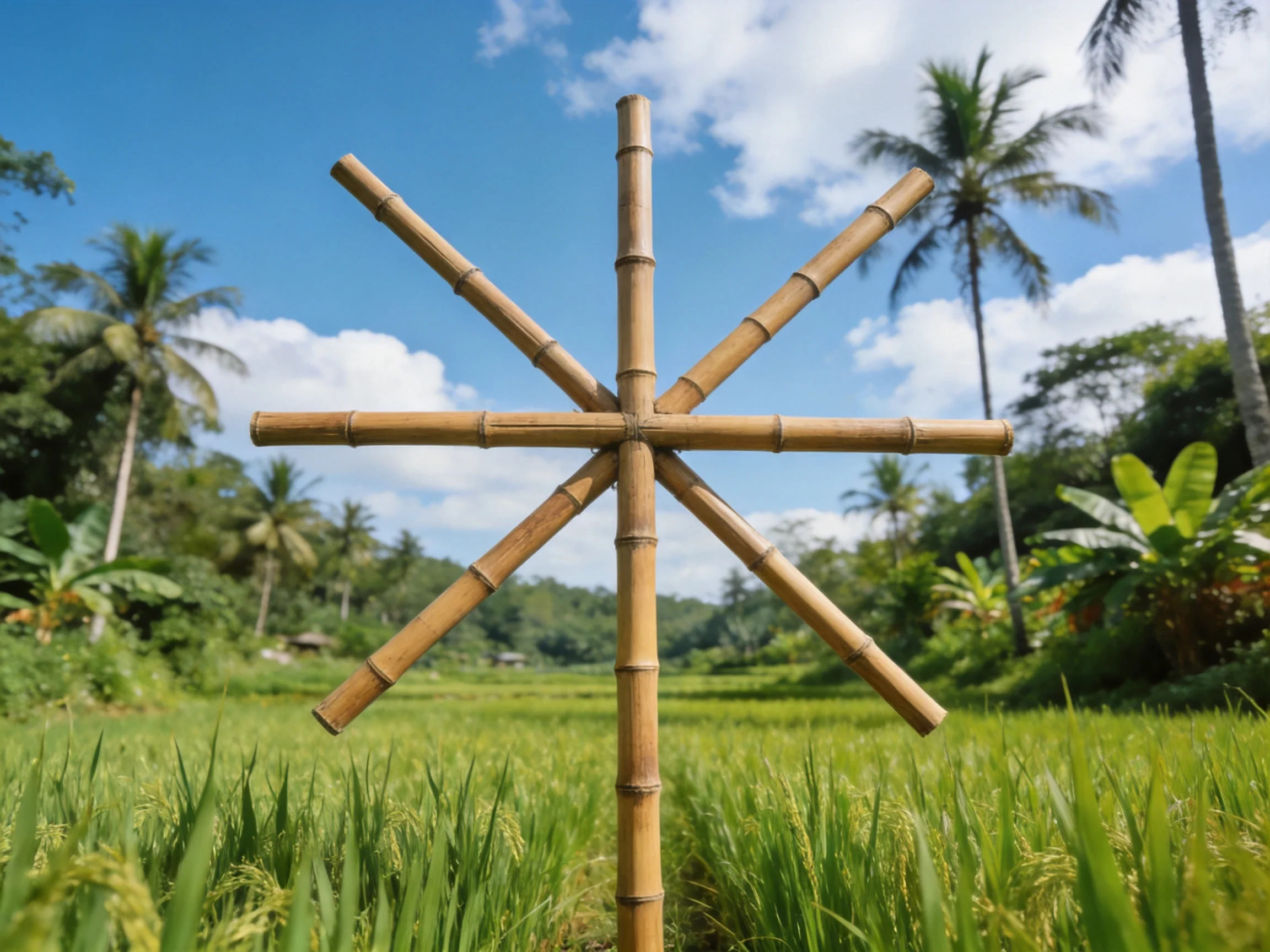 A bamboo star - shaped structure in a lush green rice paddy