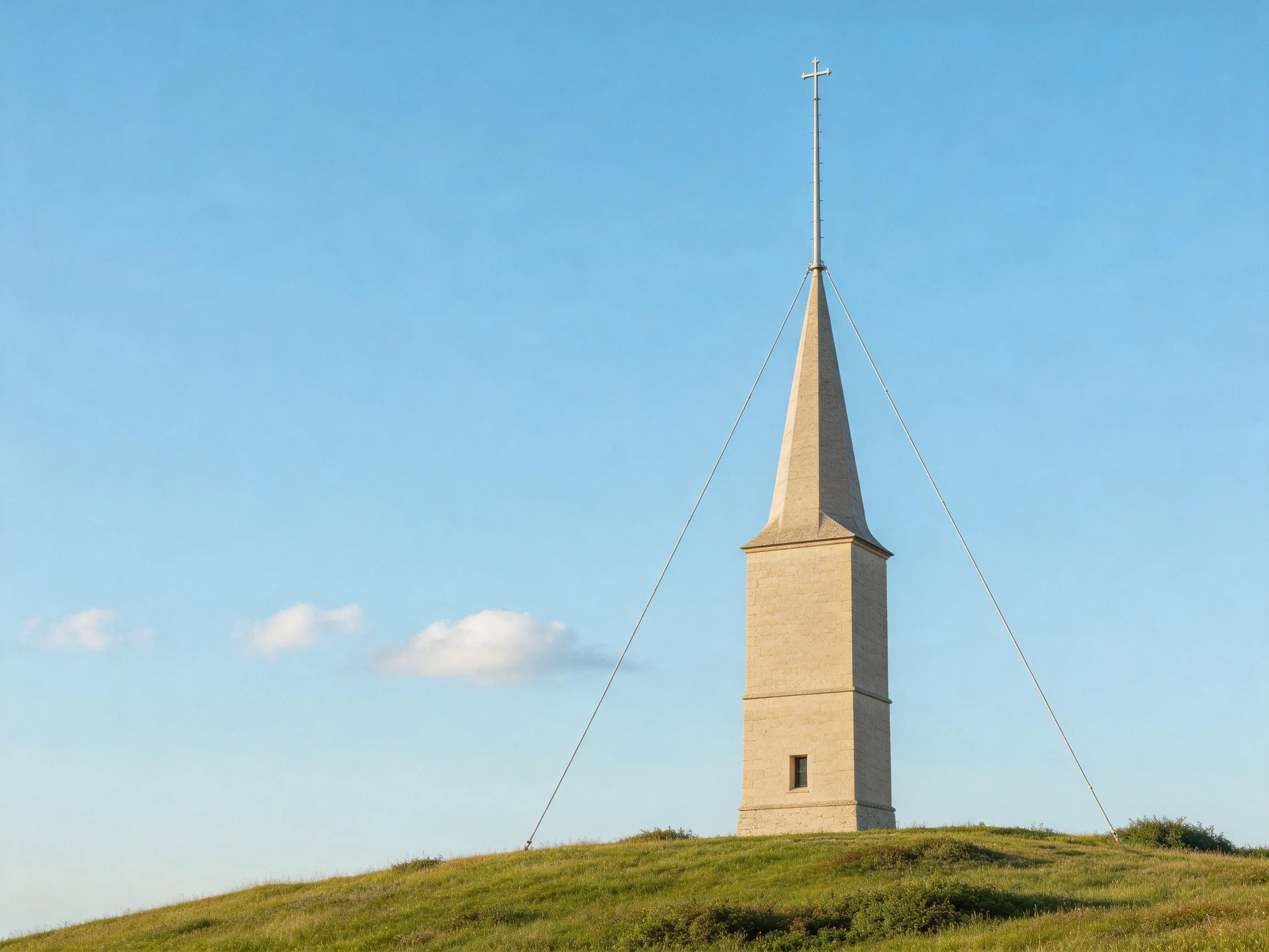 A beige tower with a pointed spire sits atop a grassy hill
