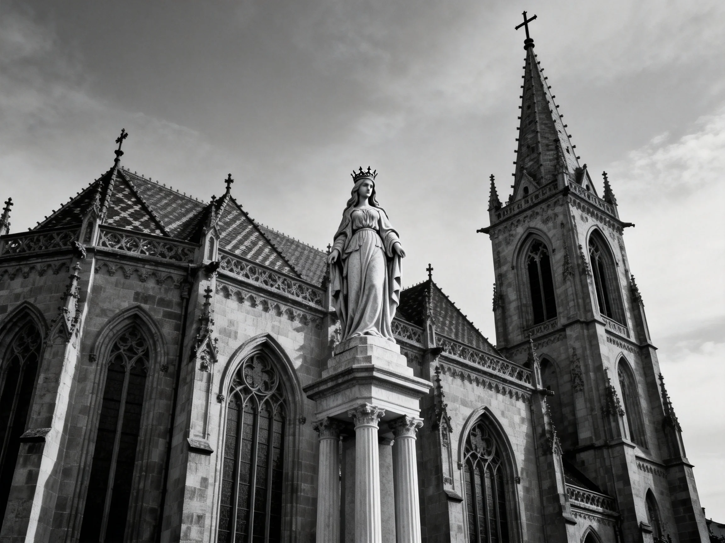 A black-and-white Gothic church with a crowned statue and tall tower