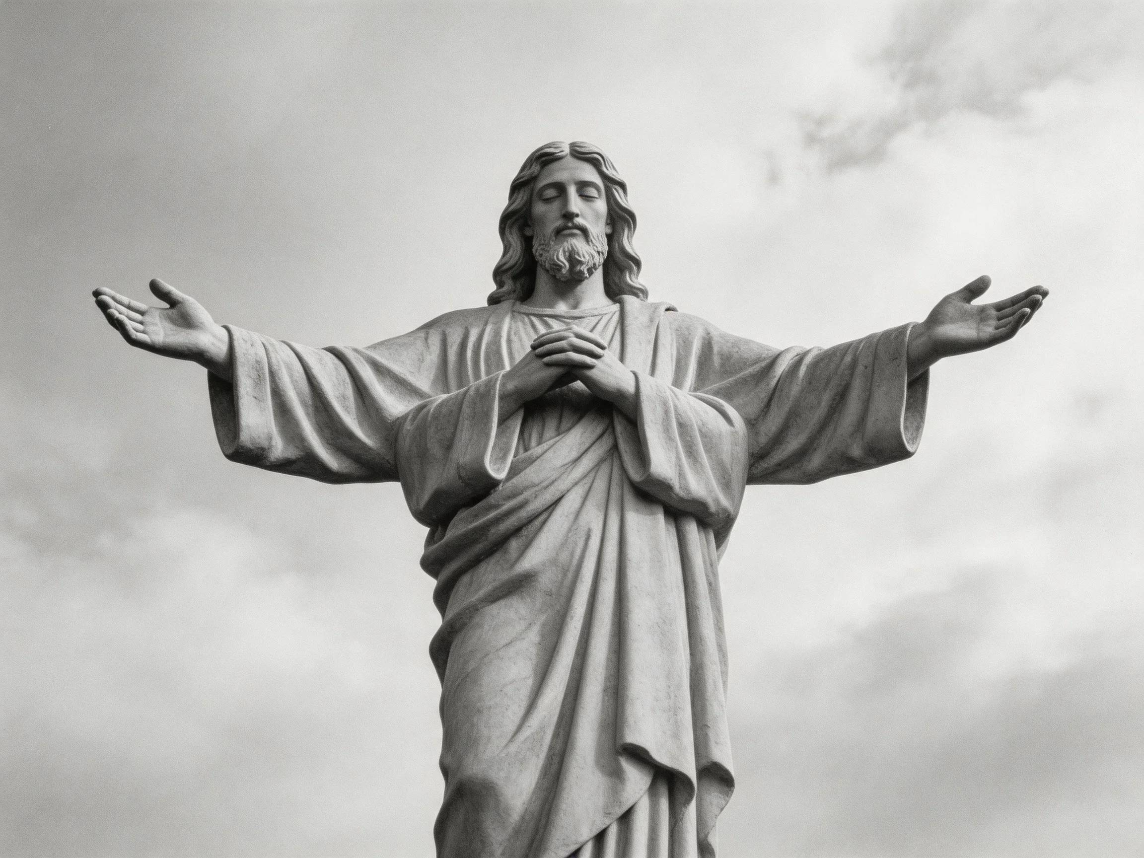 A black-and-white statue of Jesus with outstretched arms against a cloudy sky