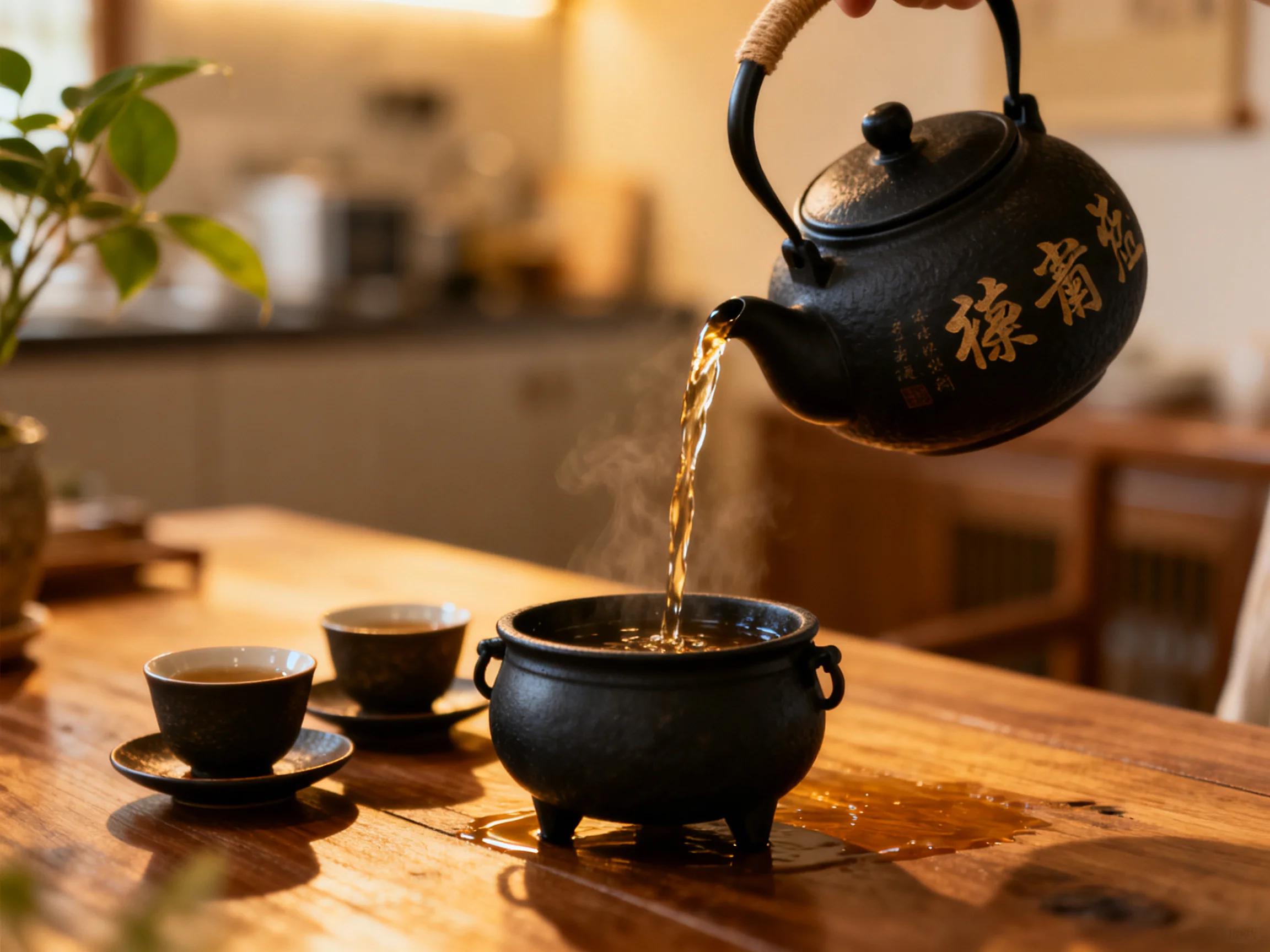 A black cast iron teapot pours golden tea onto a wooden table