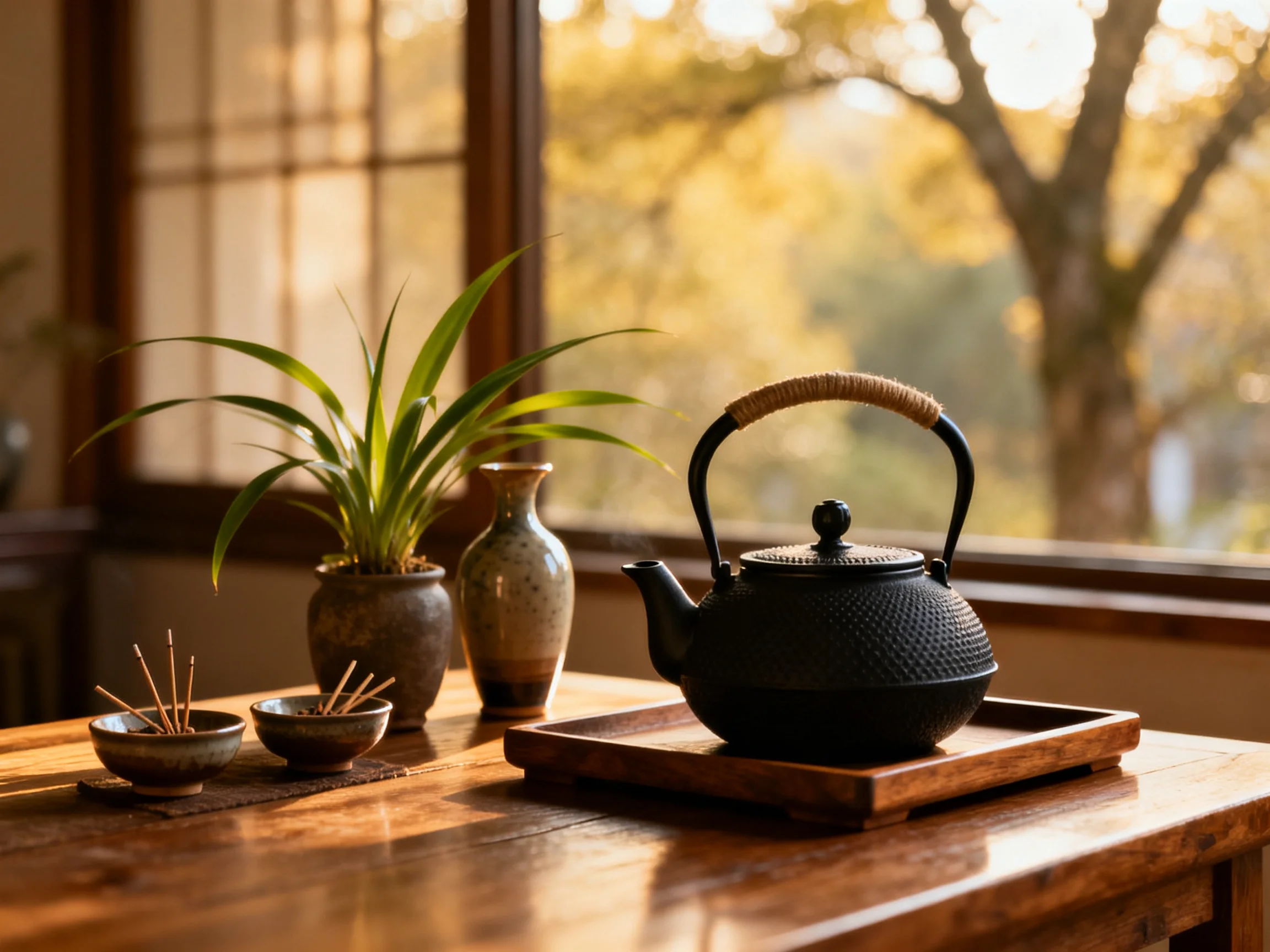 A black cast iron teapot sits on a polished wooden table near potted plants