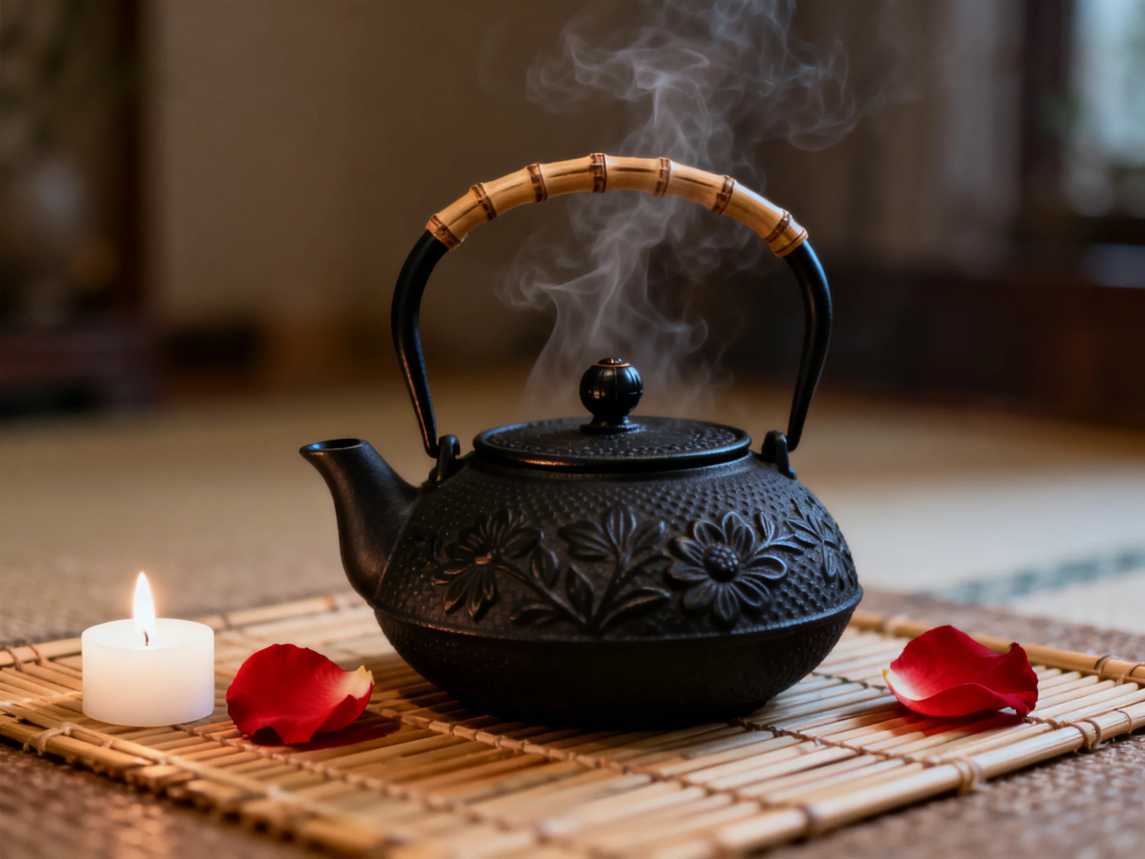 A black cast iron teapot with floral engravings on a bamboo mat